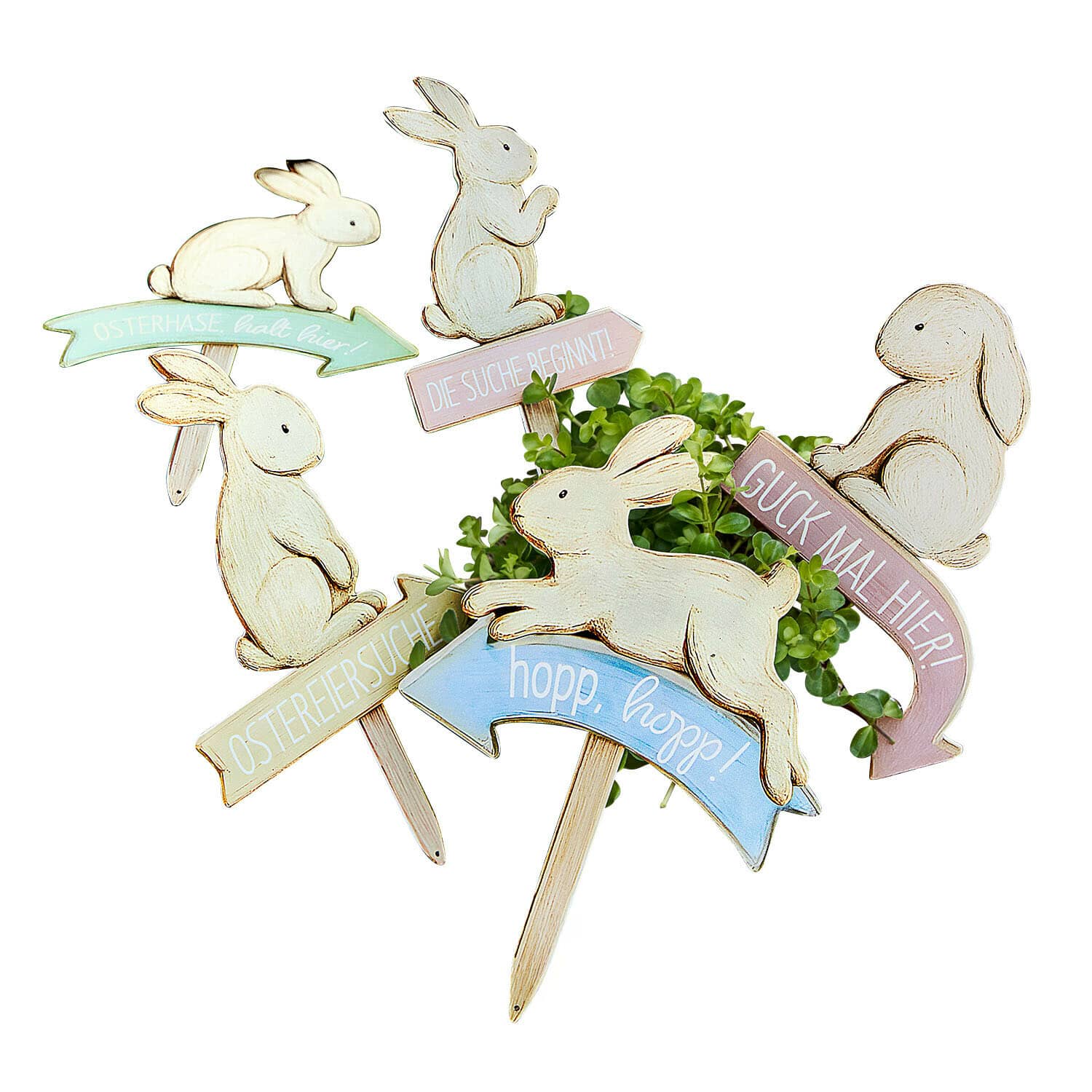Schild 5er Set Shevona Holz-Osterdekoration mit Hasen und bunten Pfeilen für die Ostereiersuche im Garten