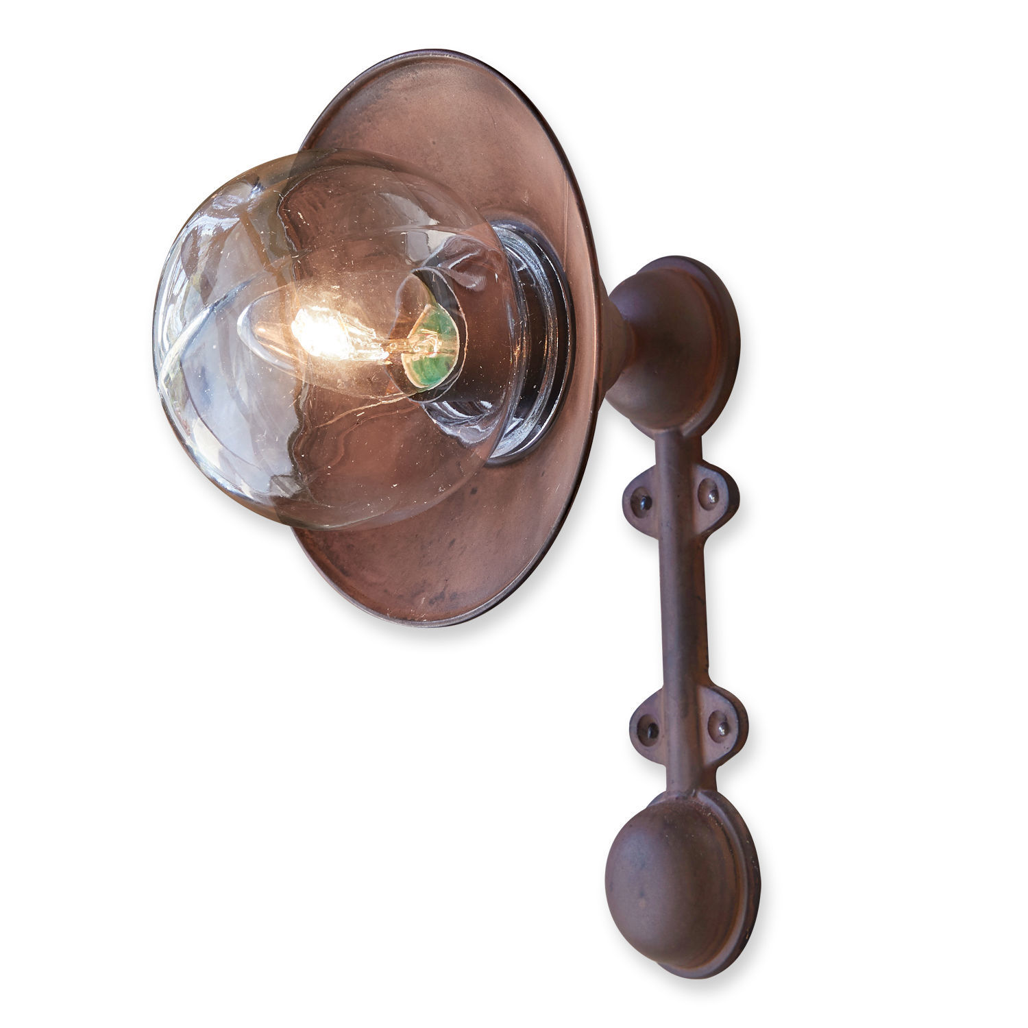 Wandlampe aus kupferfarbenem Messing mit klarem Glas und dekorativer Glühbirne