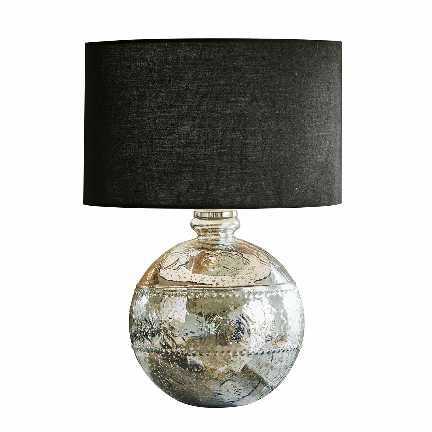Dekorative Tischlampe mit kugelförmiger silberner Glasbasis und schwarzem Lampenschirm für Wohnzimmer