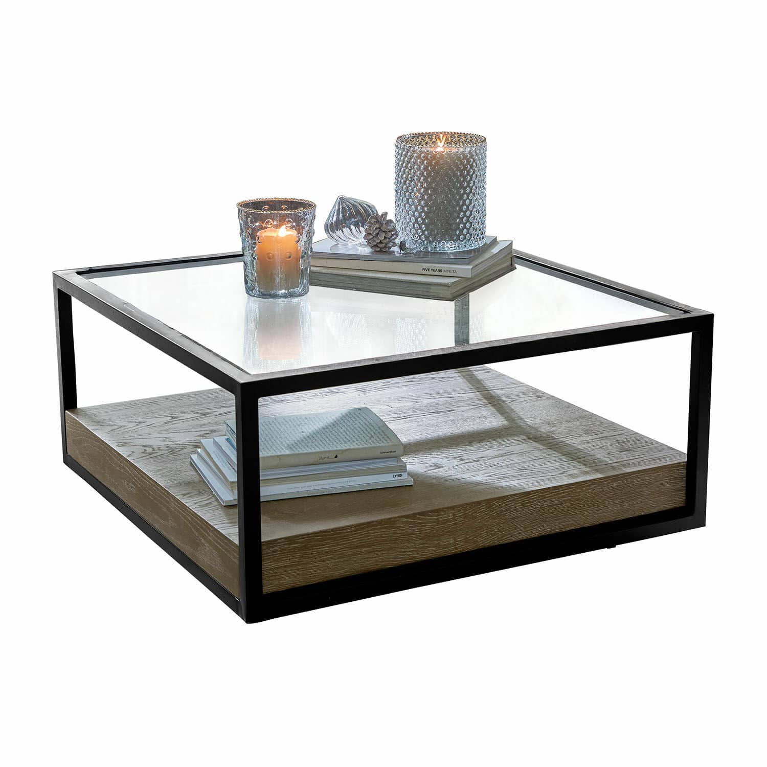 Couchtisch Westvale Quadratischer Couchtisch mit schwarzem Metallrahmen, Holzablage und Glasplatte im modernen Design