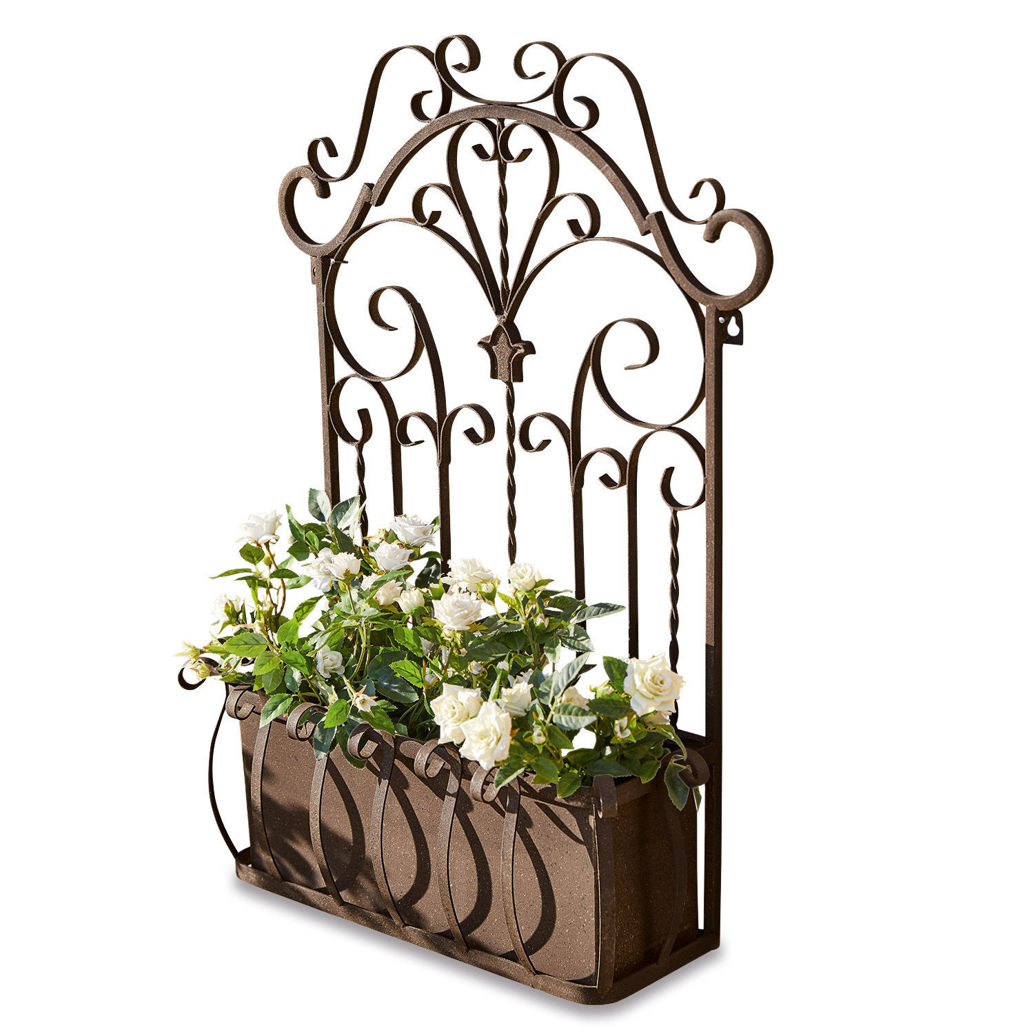 Blumenkasten Secourt Braune Metall-Pflanzbox mit dekorativem Gitter und weißen Blumen für den Garten