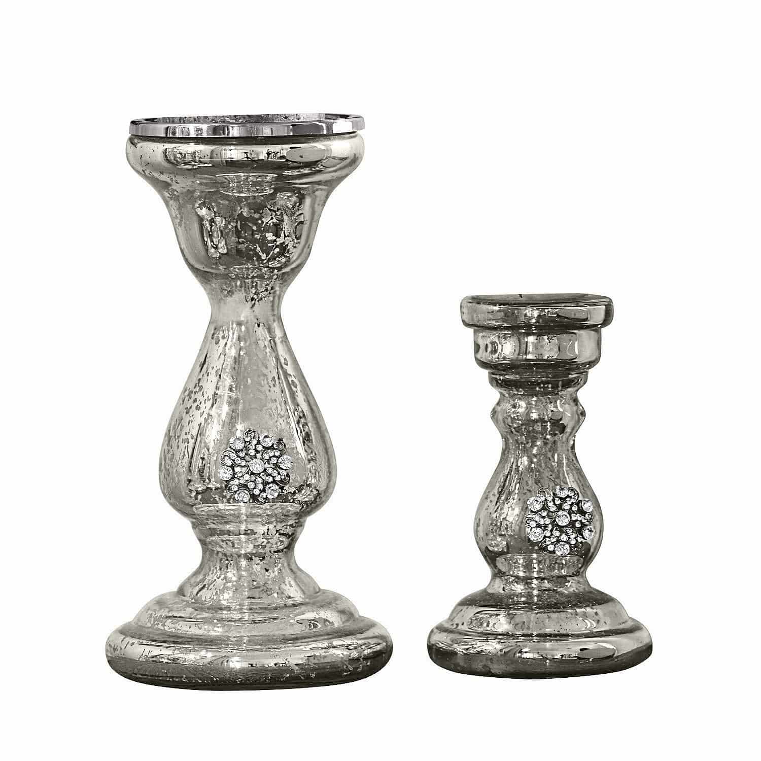 Kerzenständer 2er Set Lysiane Set aus zwei silbernen Glas-Kerzenhaltern mit dekorativen Kristallen für Wohnraumdeko