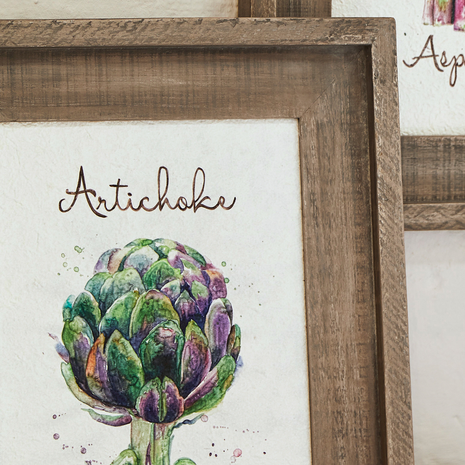 Aquarellbild einer Artischocke in rustikalem Holzrahmen, Wanddekoration im Landhausstil