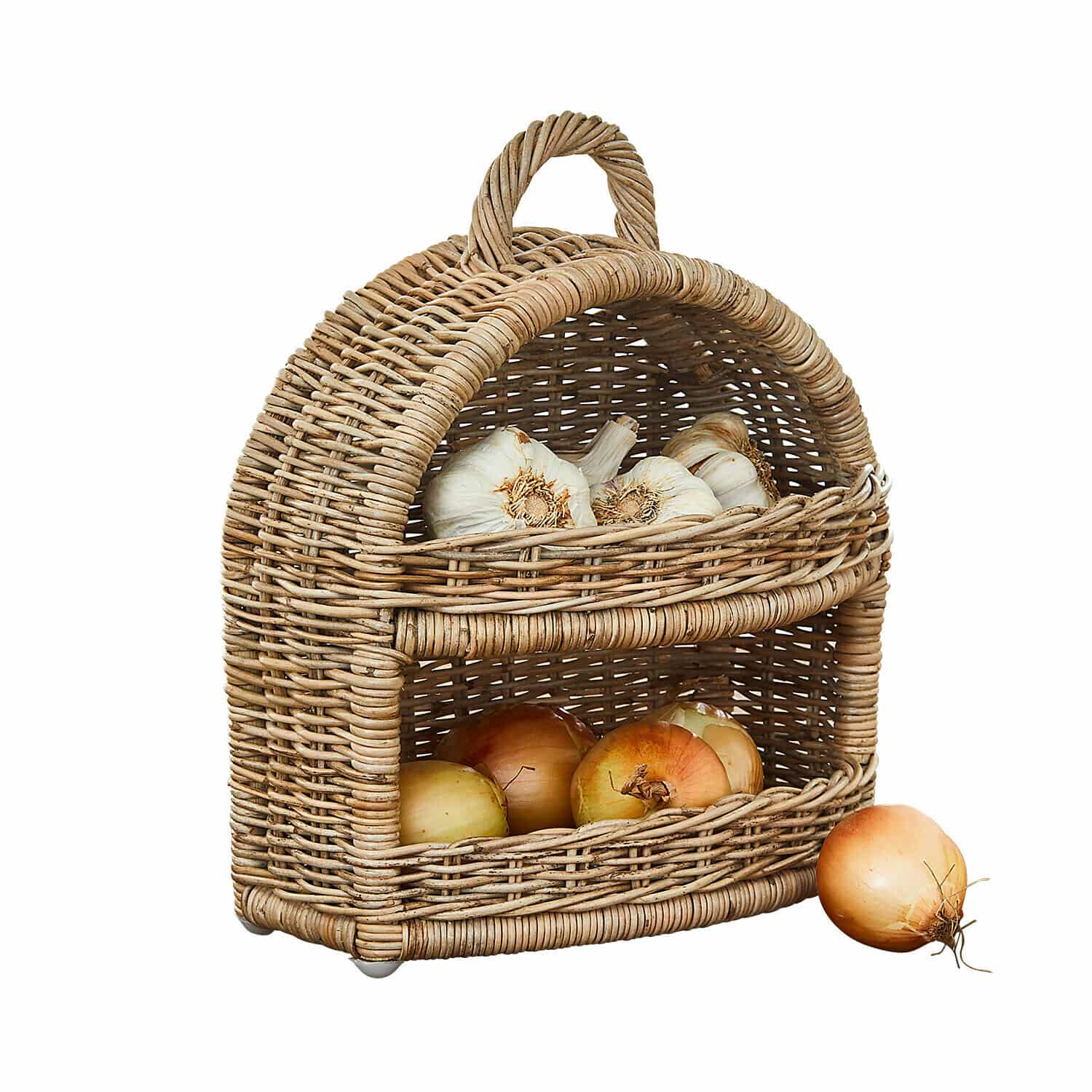 Zwiebelkorb Coudrisse Zweistöckiger Korb aus natürlichem Rattan mit Zwiebeln und Knoblauch zur Gemüseaufbewahrung