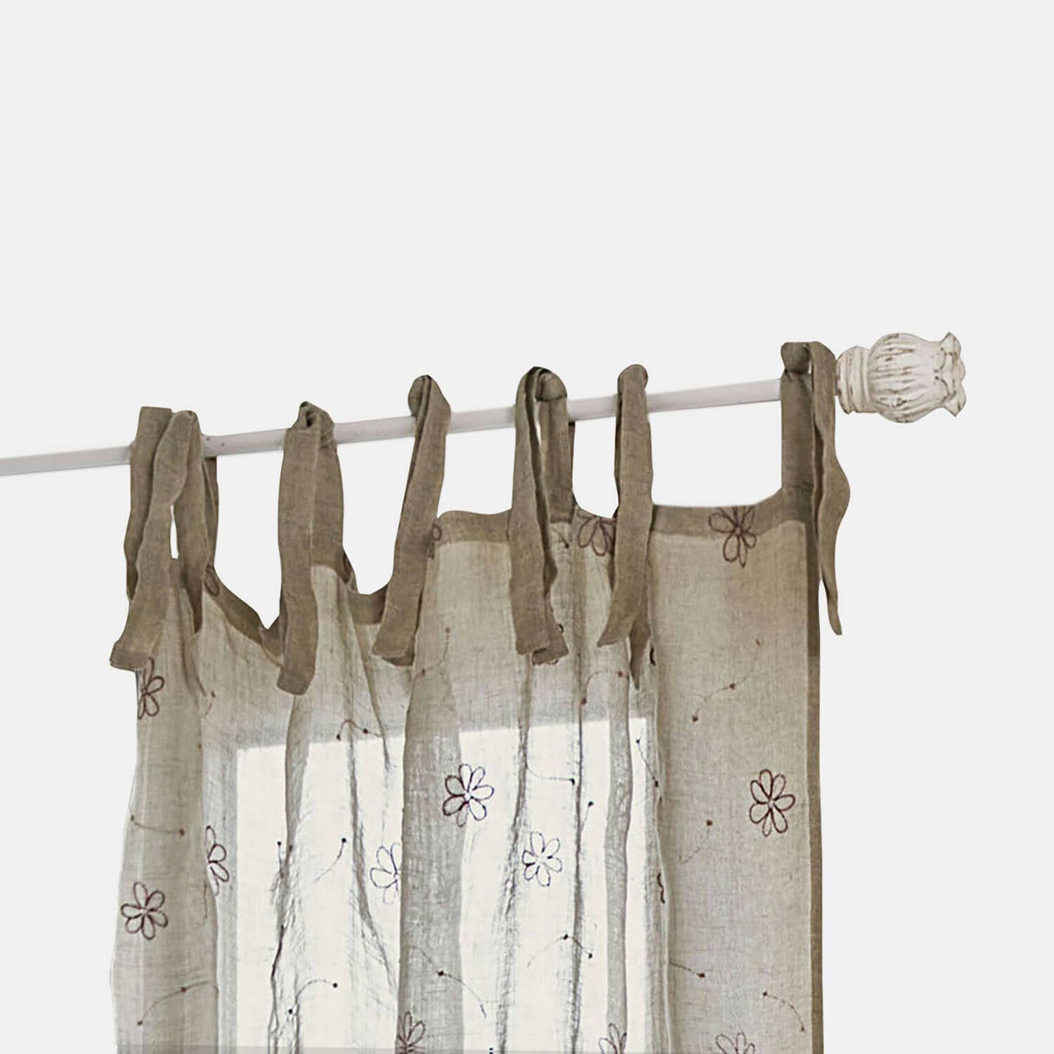 Leinenvorhang in Beige mit Blumenmuster und gebundenen Schlaufen zum Aufhängen