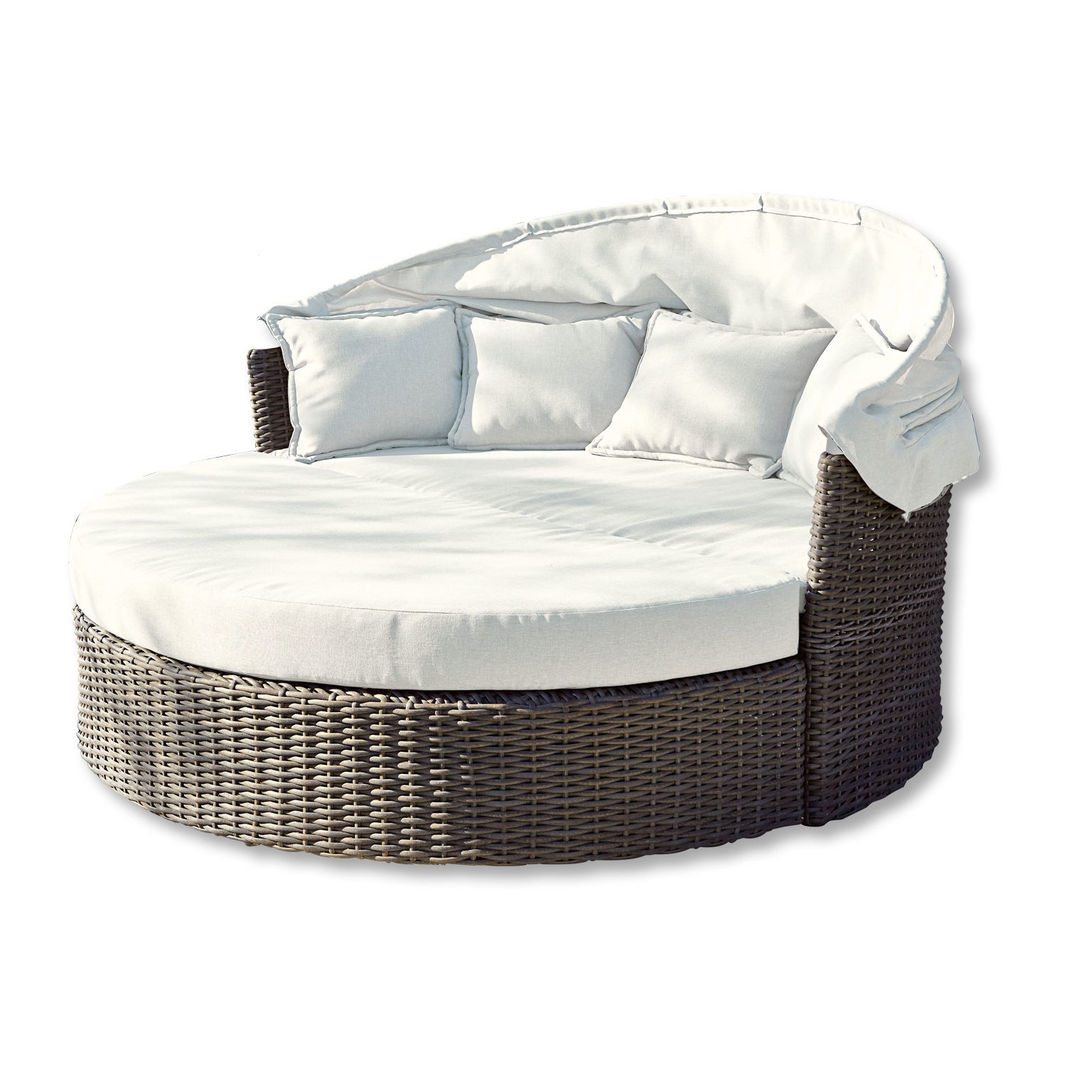 Runder Gartensessel aus braunem Rattan mit cremefarbenen Kissen und Sonnendach, Lounge-Möbel