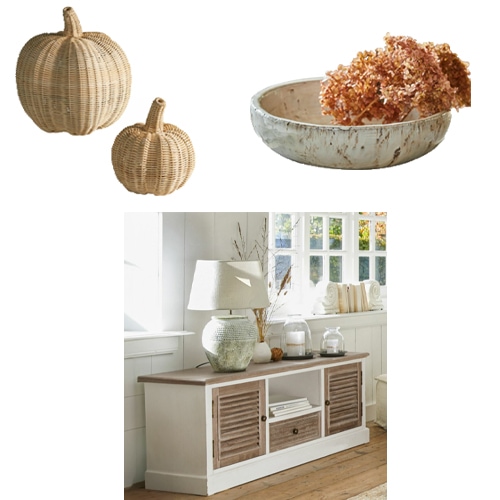 Dekorative Rattan-Kürbisse und rustikale Holzschale in hellem, natürlichem Herbststil