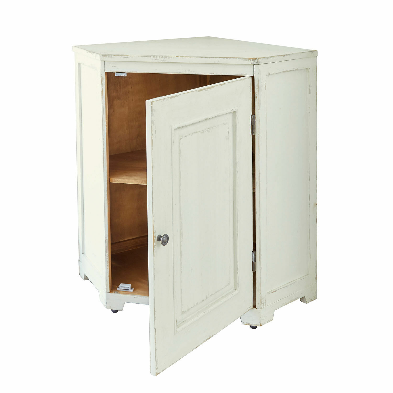 Weißer Eckschrank aus Holz mit Tür und Regalboden für Stauraum im Wohnzimmer