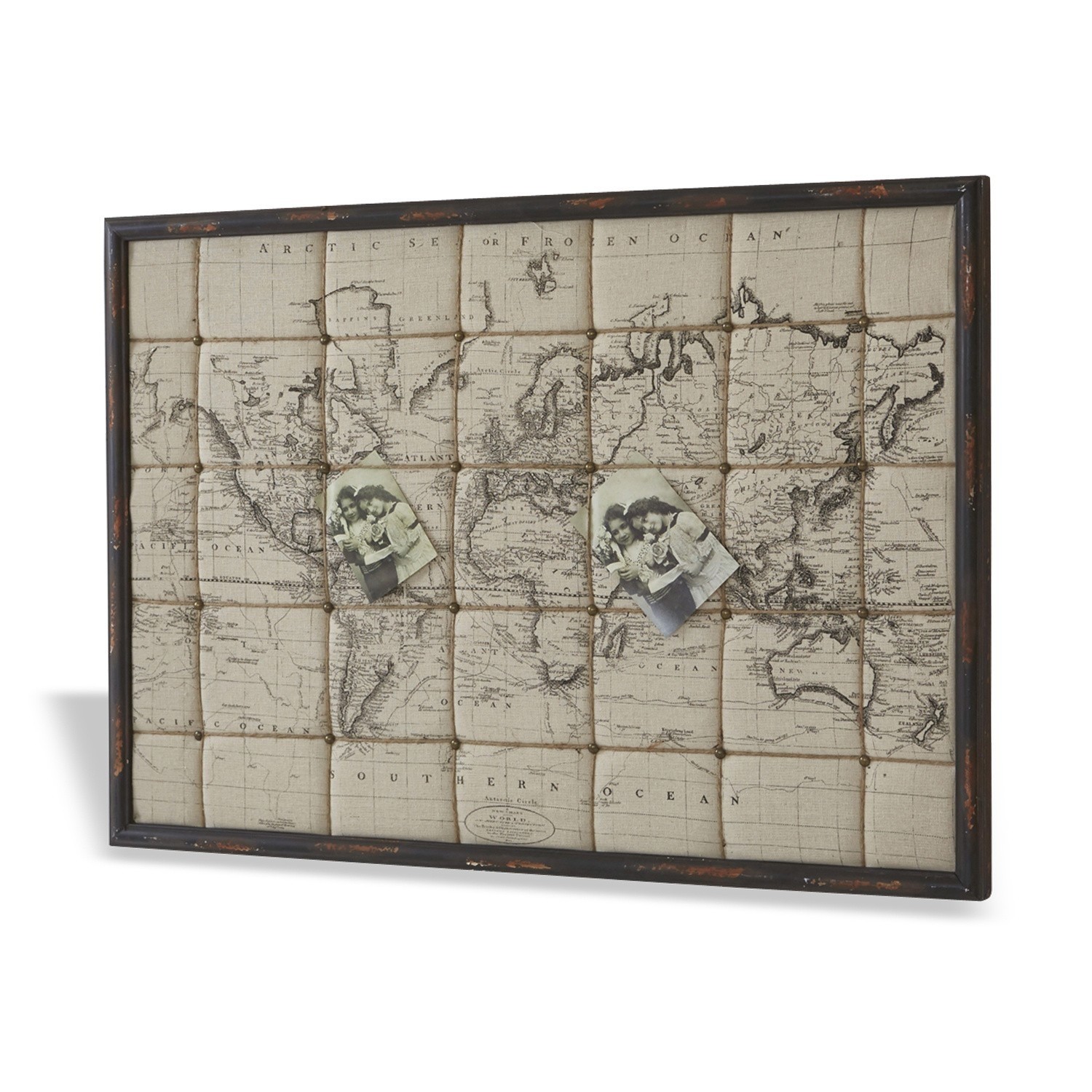 Korktafel mit vintage Weltkarte in schwarzem Rahmen zum Anheften von Fotos und Notizen