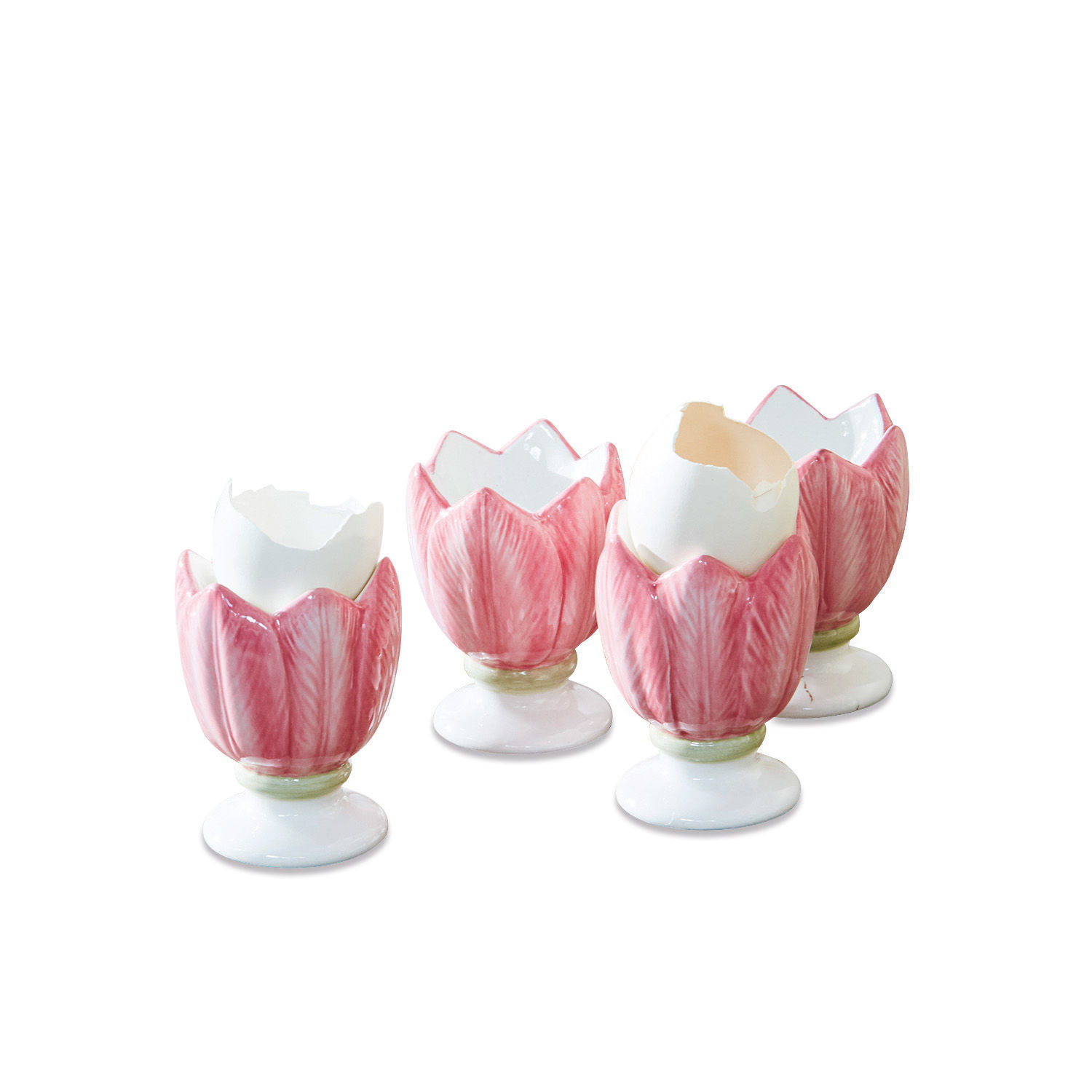 Eierbecher 4er Set Mireille Set aus vier rosa Keramik-Eierbechern in Tulpenform mit weißen Eierschalen