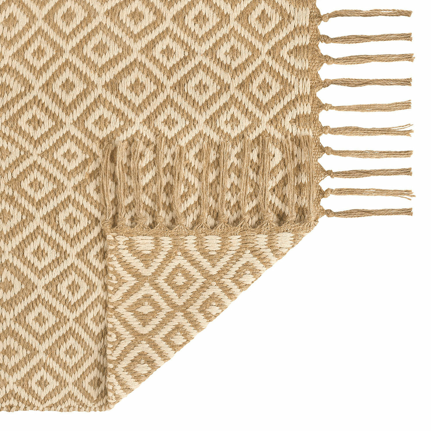 Beiger Jute-Teppich mit geometrischem Muster und Fransen, natürlicher Bodenbelag für Wohnräume