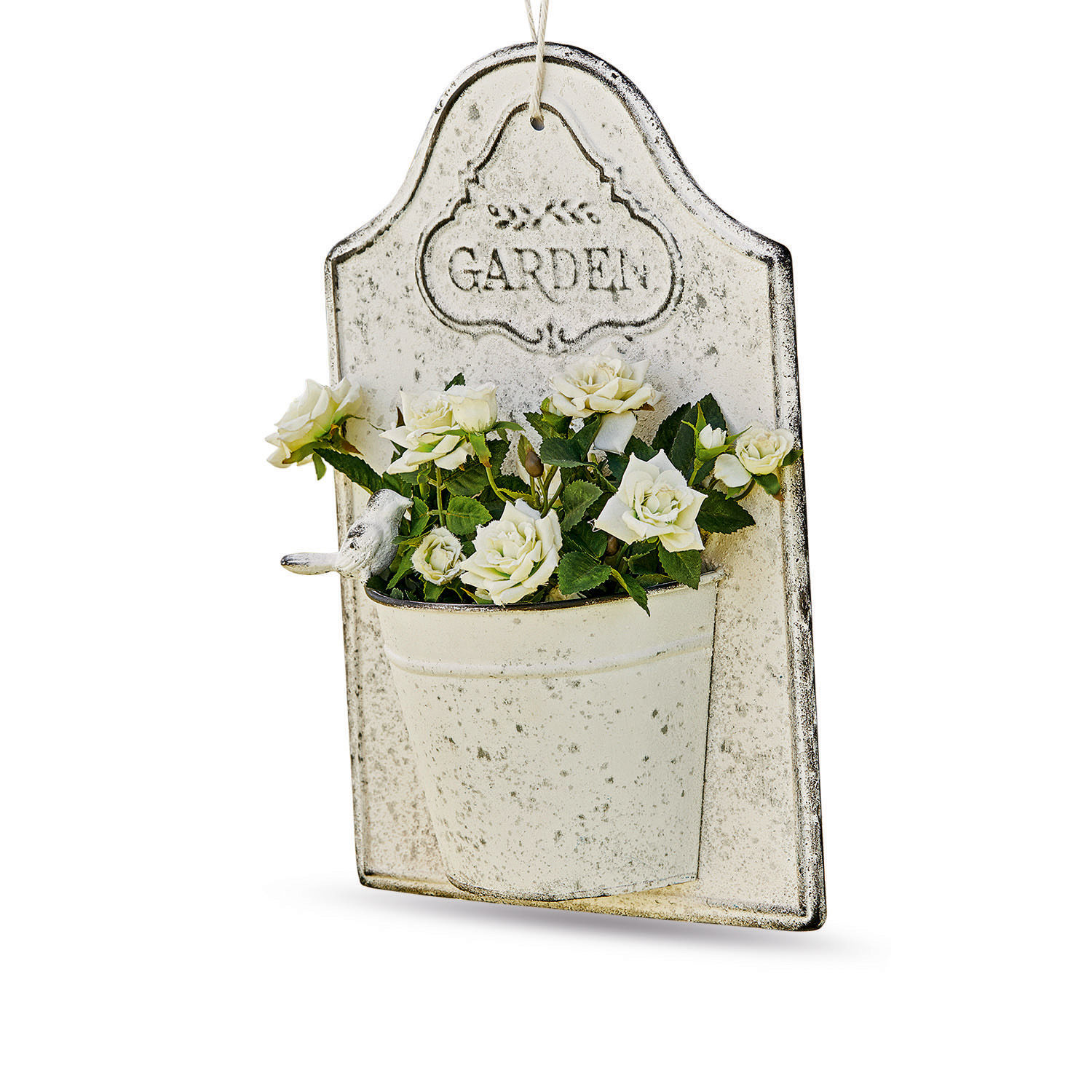 Wand-Pflanztopf Helsa Vintage Metall-Wanddeko mit weißen Rosen und Schriftzug Garden für den Gartenbereich