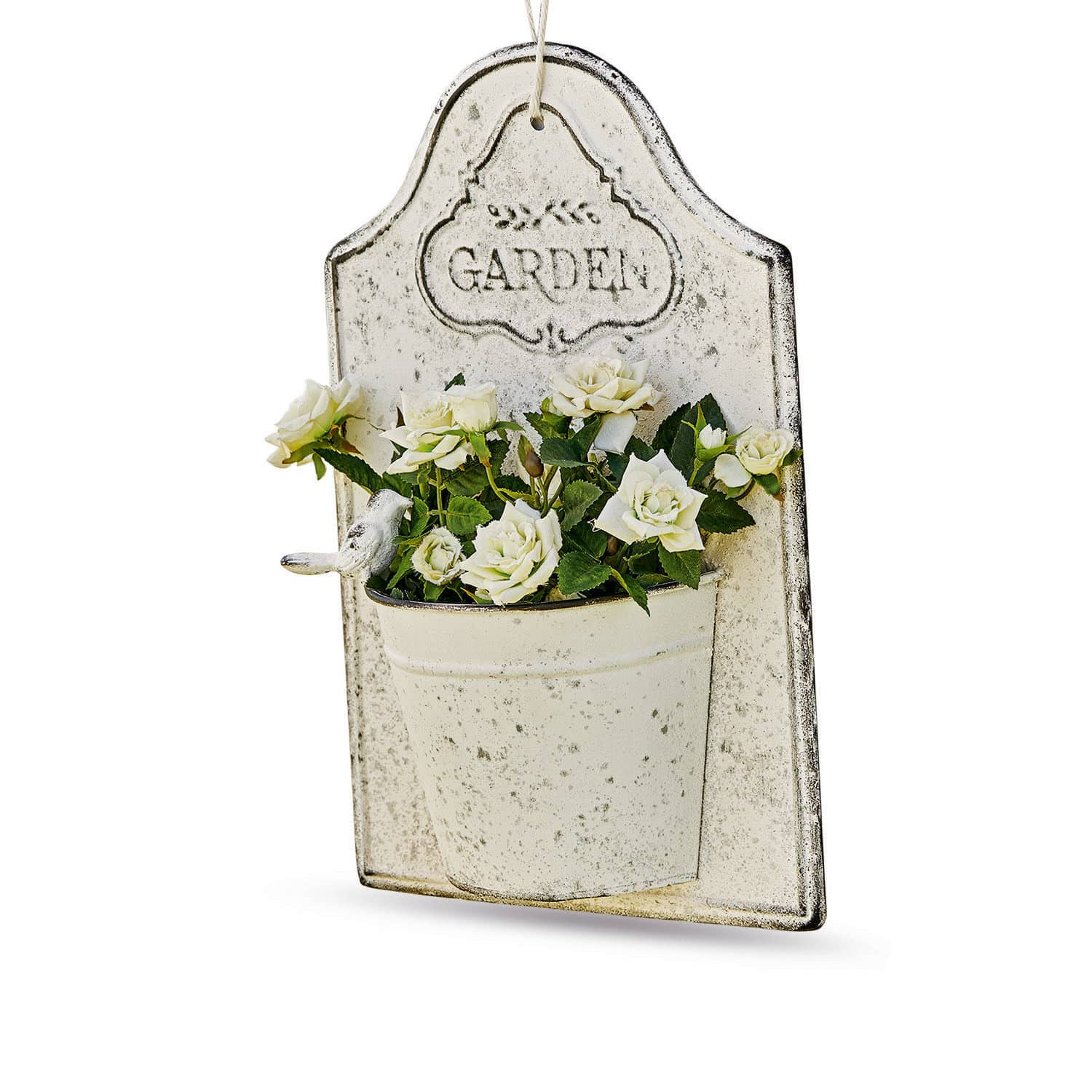 Wand-Pflanztopf Helsa Vintage Metall-Wanddeko mit weißen Rosen und Schriftzug Garden für den Gartenbereich