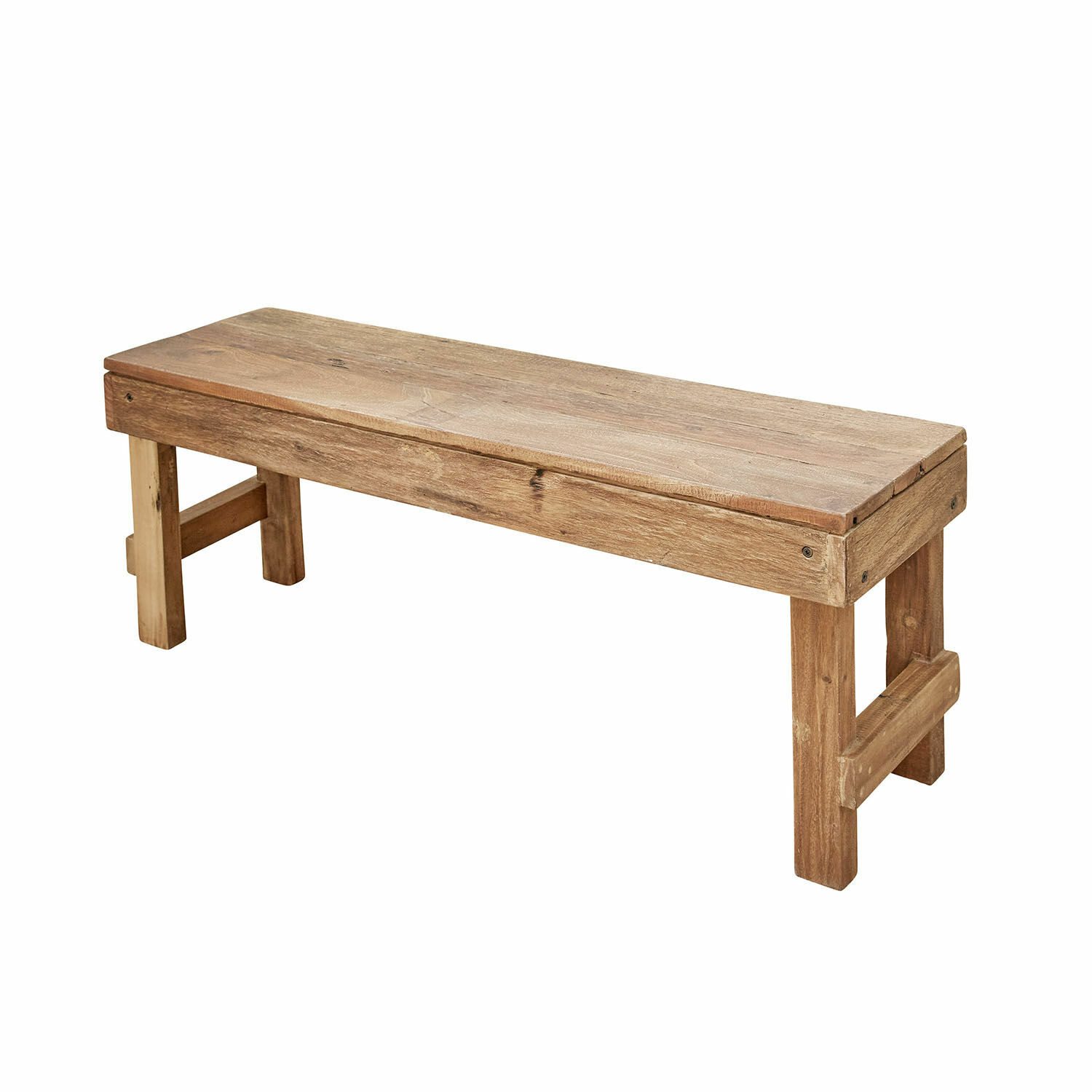 Holzbank in natürlicher Farbe mit schlichter Konstruktion, ideal für Innen- und Außenbereich