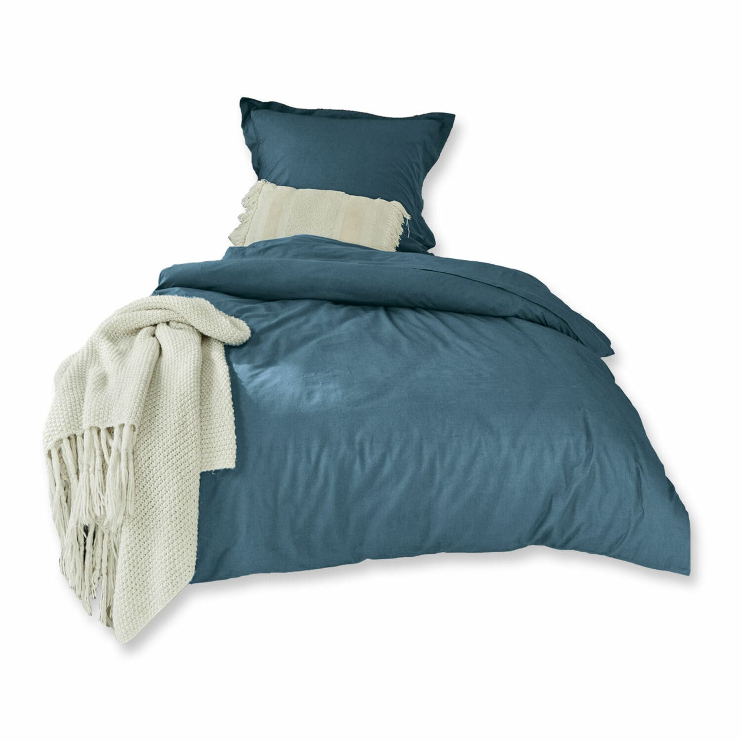 Bettwäsche Grosseto in Blau aus weicher Baumwolle mit cremefarbenem Plaid und Zierkissen