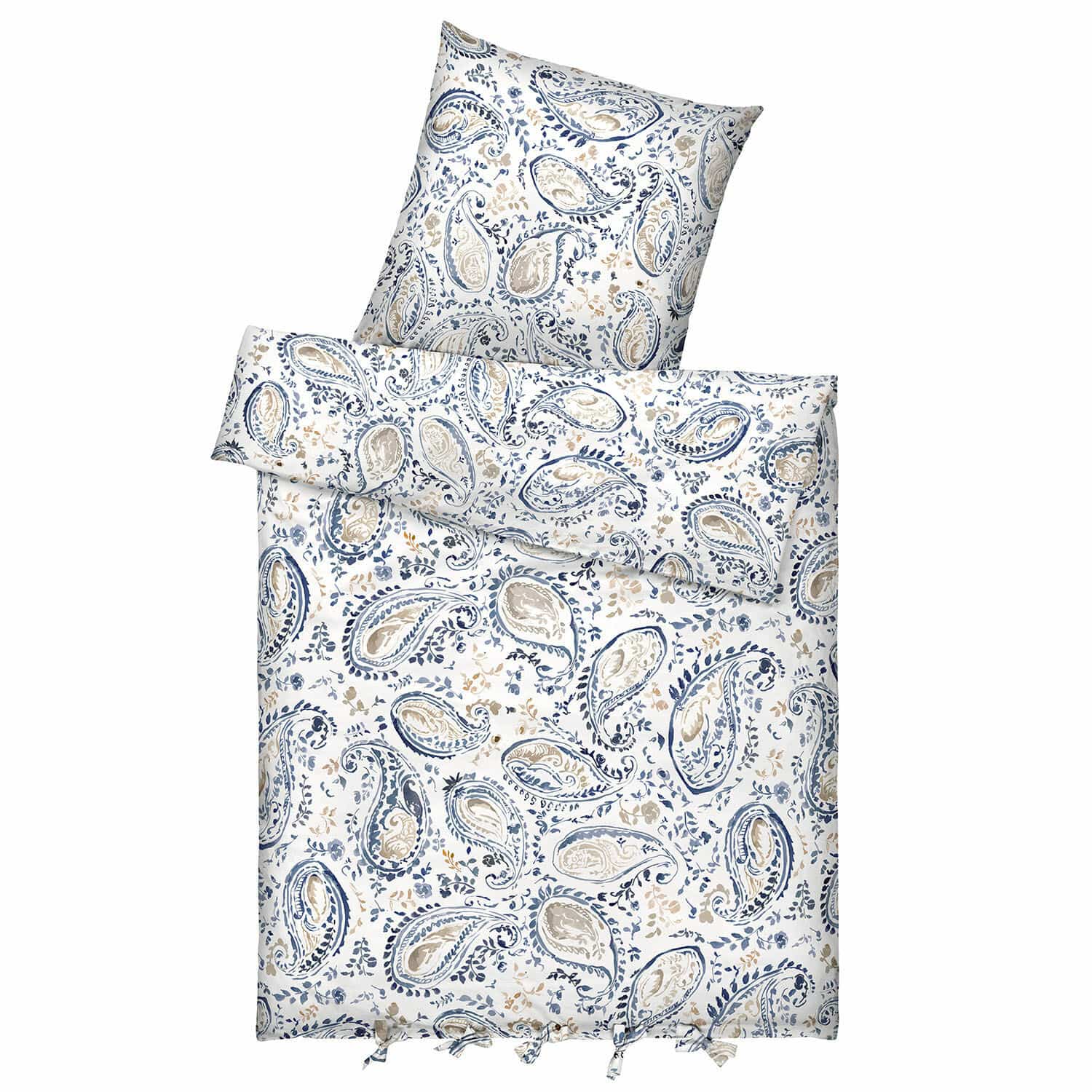 Bettwäsche Le Perron Bettwäsche aus Baumwolle mit blau-beigem Paisley-Muster auf weißem Grund, weich und dekorativ