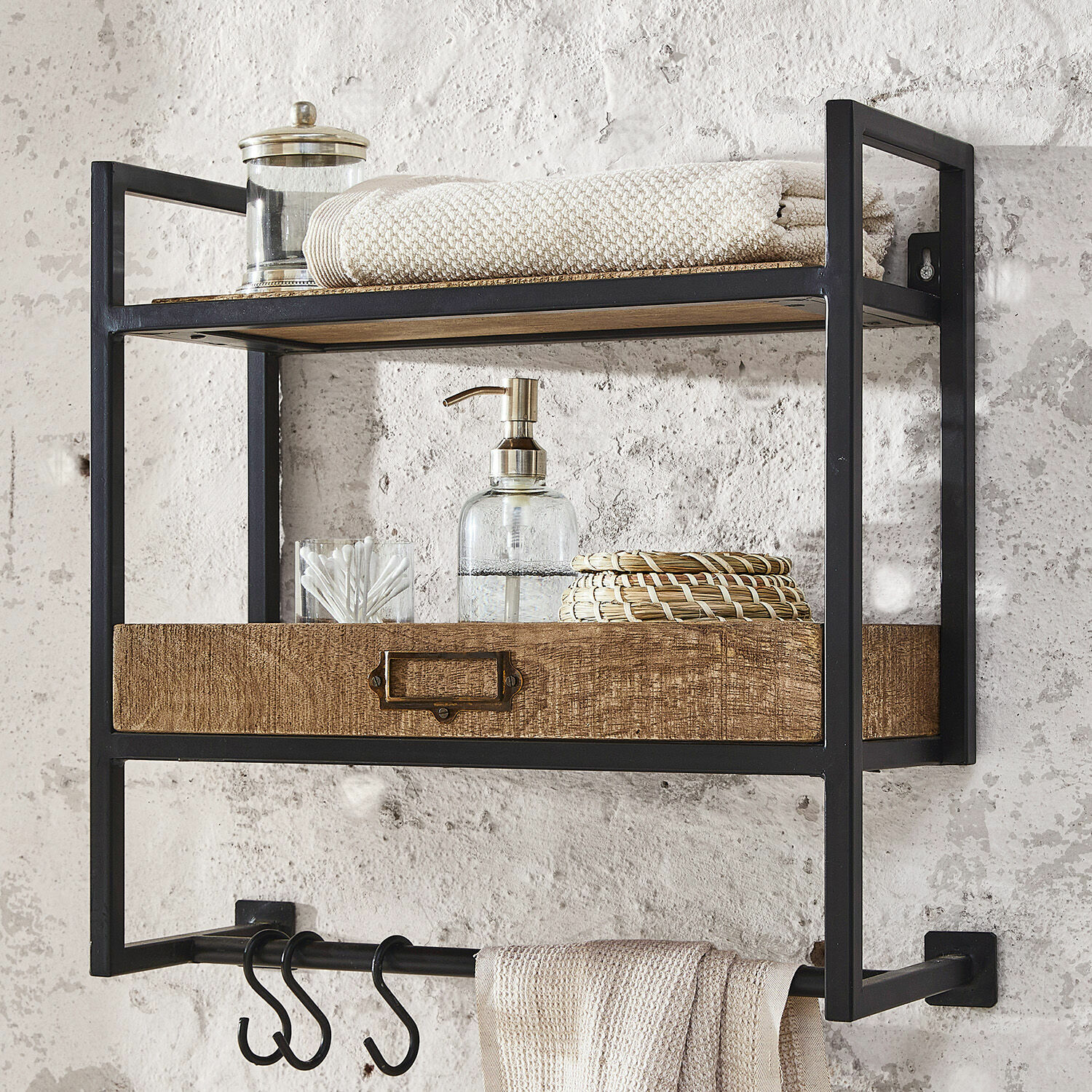 Wandregal Taylors Island Schwarzes Metall-Wandregal mit Holzschublade und Haken, praktischer Badorganizer