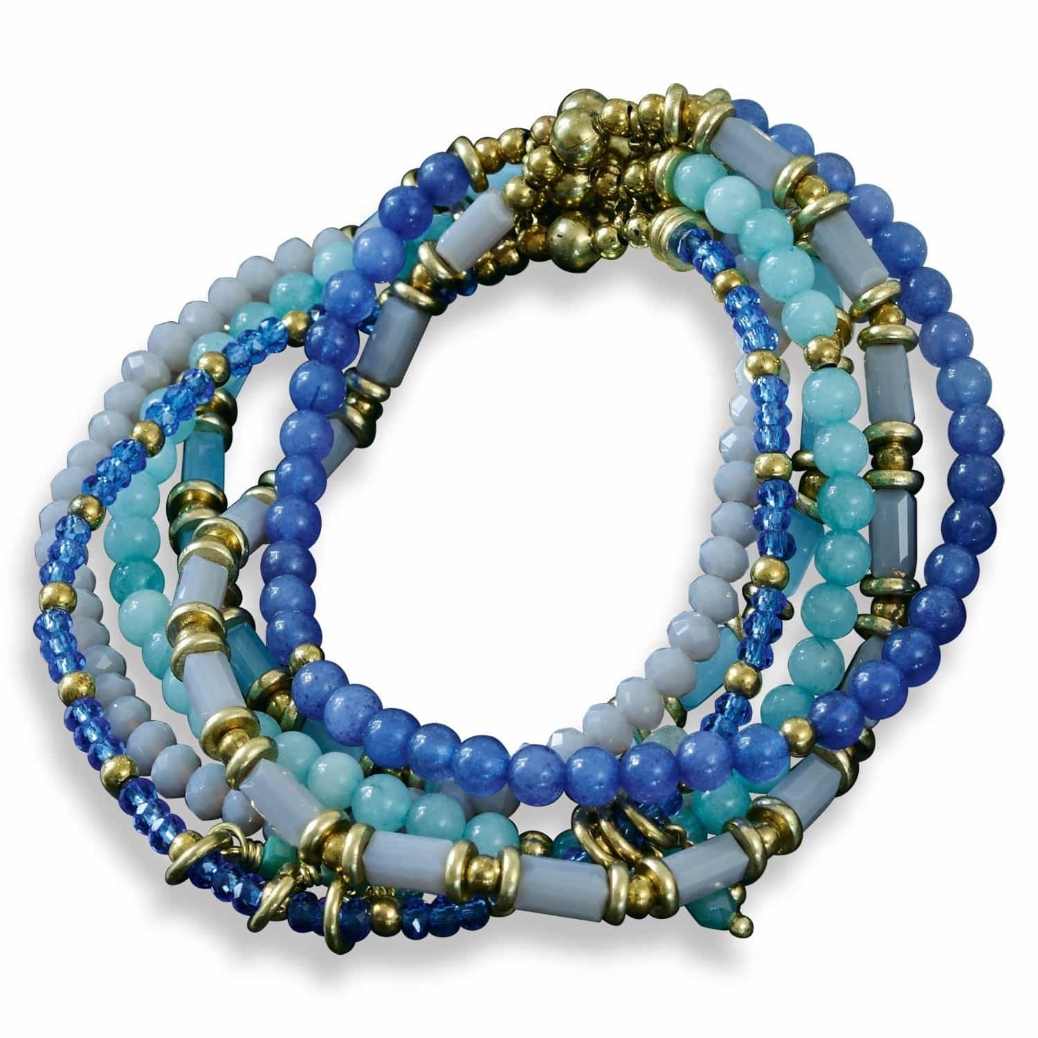 Set aus blauen und goldfarbenen Perlenarmbändern aus Glas und Metall auf elastischem Faden