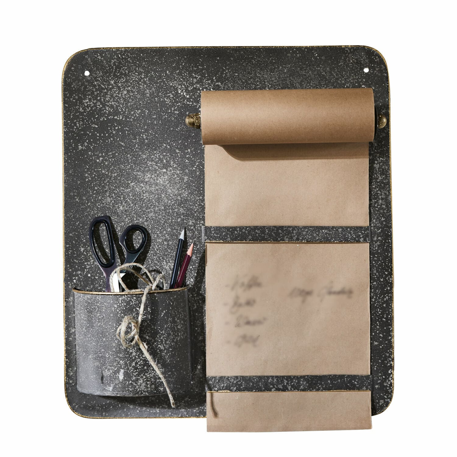 Metalltafel mit schwarzem Behälter und Papierrolle, praktischer Wand-Organizer fürs Büro