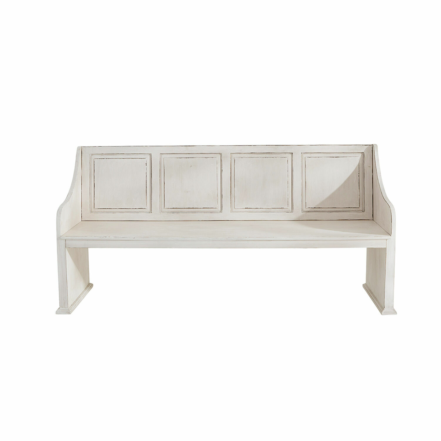Weiße Holzbank mit klassischem Paneel-Design, ideal für Wohnzimmer oder Flur