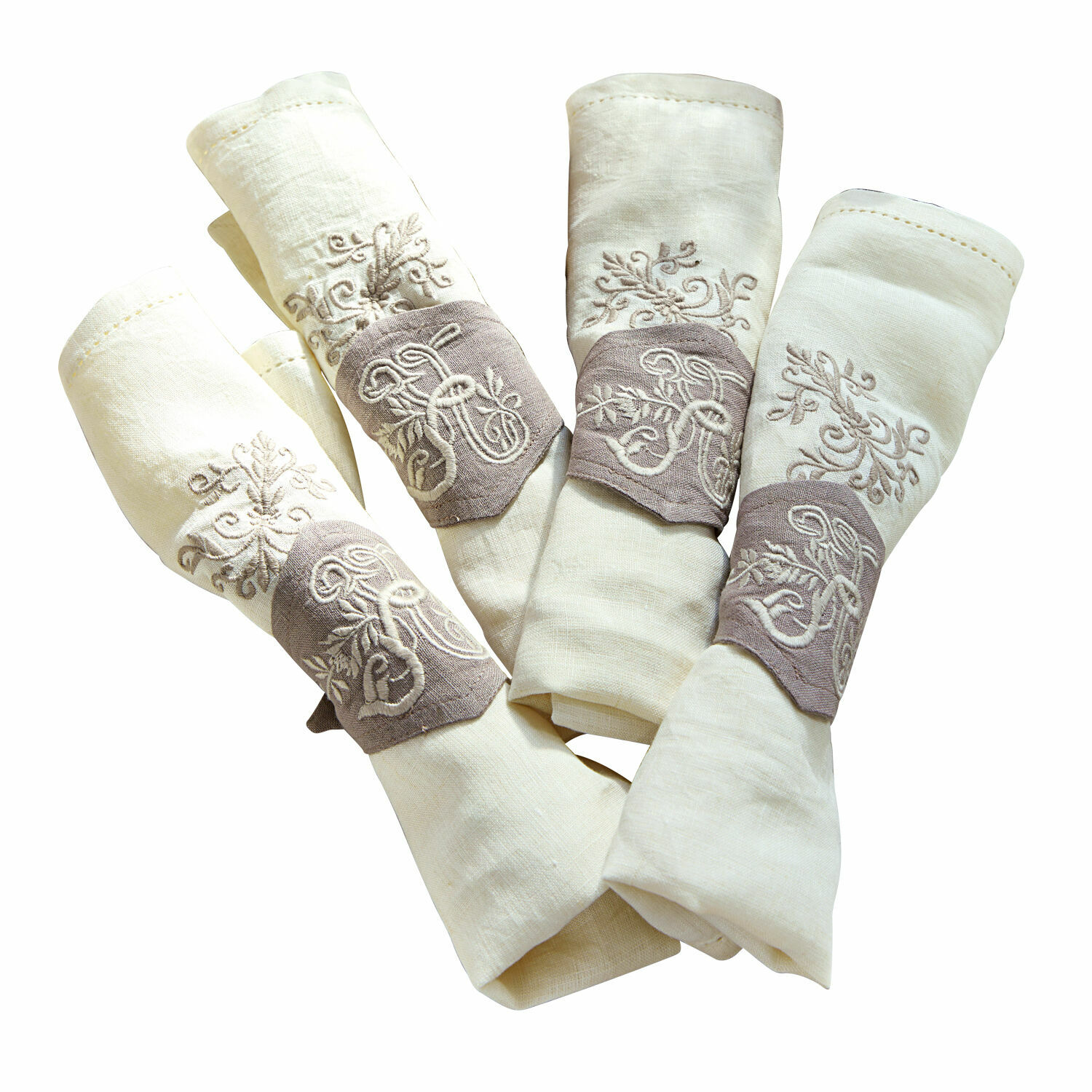 Serviettenringe 4er Set Ashley Set aus cremefarbenen Leinenservietten mit bestickten grauen Ringen für den Tisch