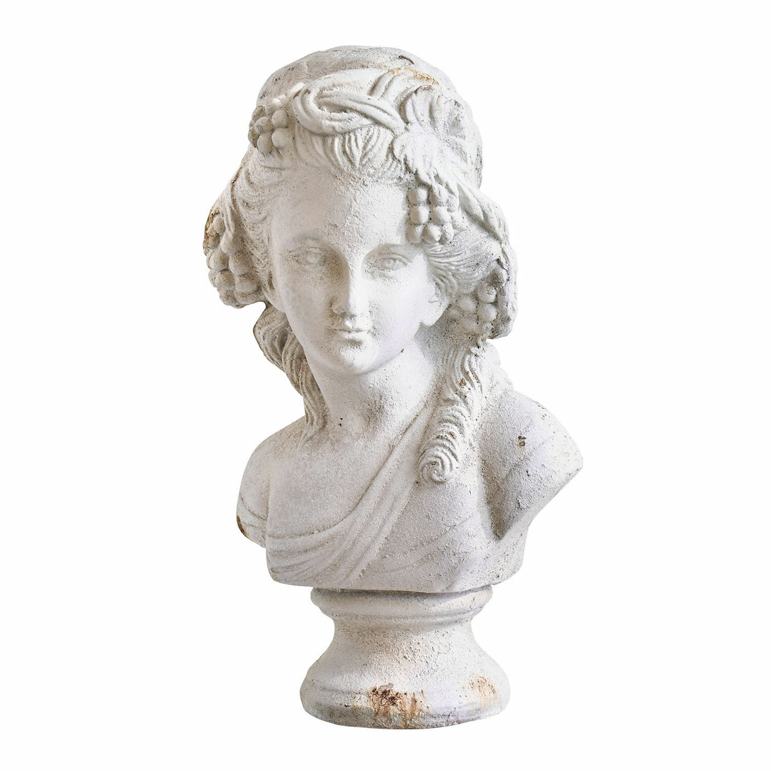 Weißes Steinguss-Büste mit Blätter- und Traubendetails, klassische Gartendekoration