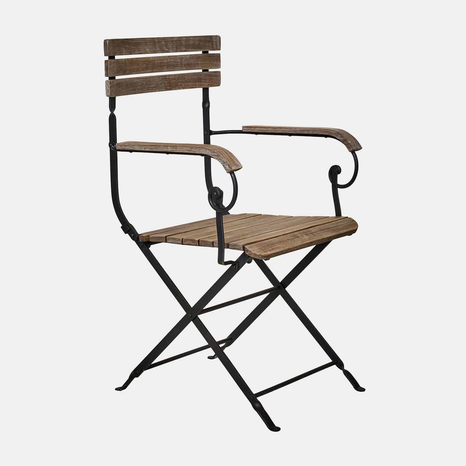 Klappstuhl aus braunem Holz und schwarzem Metall mit Armlehnen, Gartenstuhl im Vintage-Stil