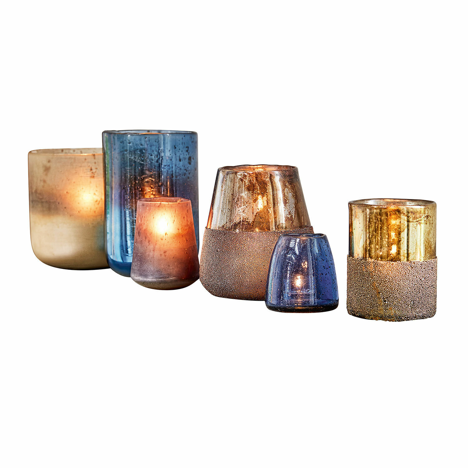 Windlicht 6er Set Paro Sechsteiliges Set aus blauen und goldfarbenen Glas-Teelichthaltern für stimmungsvolle Beleuchtung