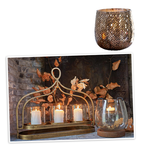 Kerzenhalter-Set aus Metall und Glas in Messing- und Brauntönen zur Wohnraumdekoration