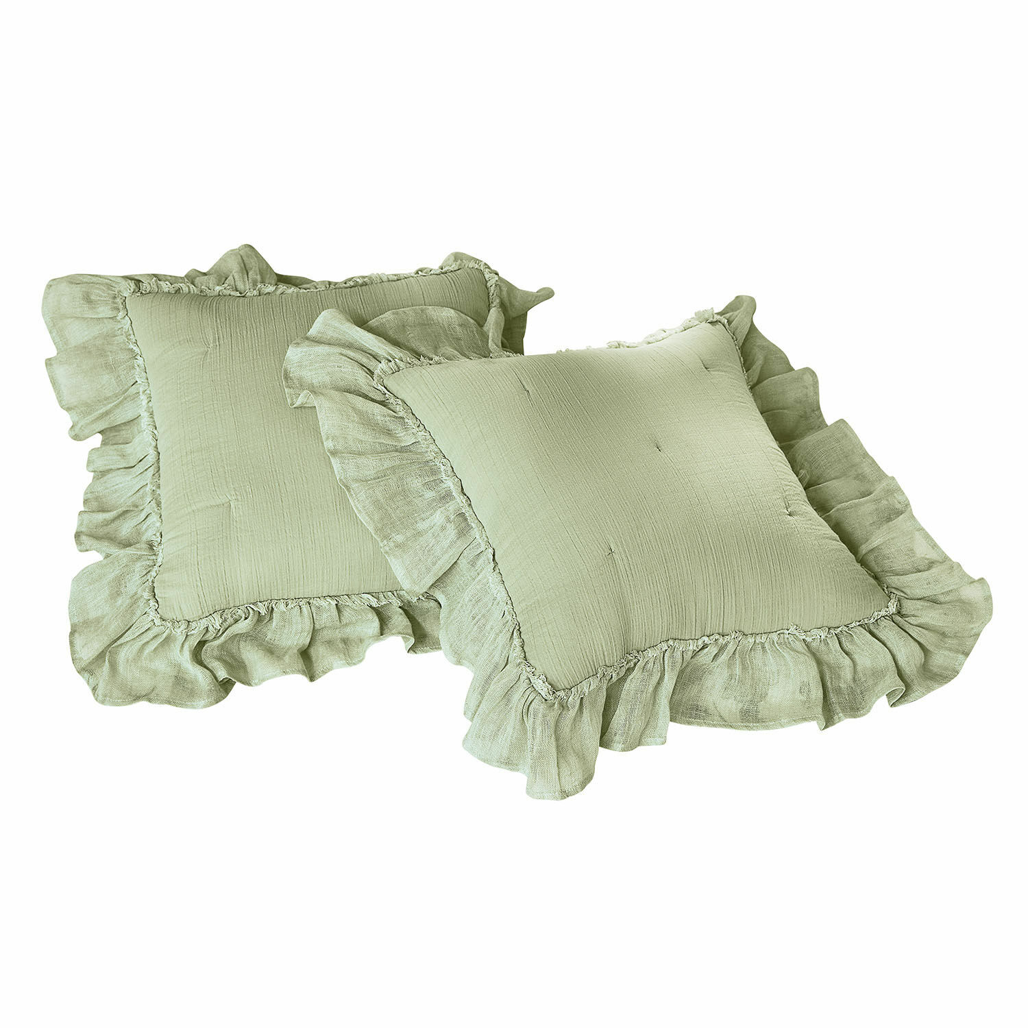 Kissenhülle 2er Set Martone Set aus zwei grünen Leinenkissen mit Rüschen, dekoratives Textil für Wohnzimmer
