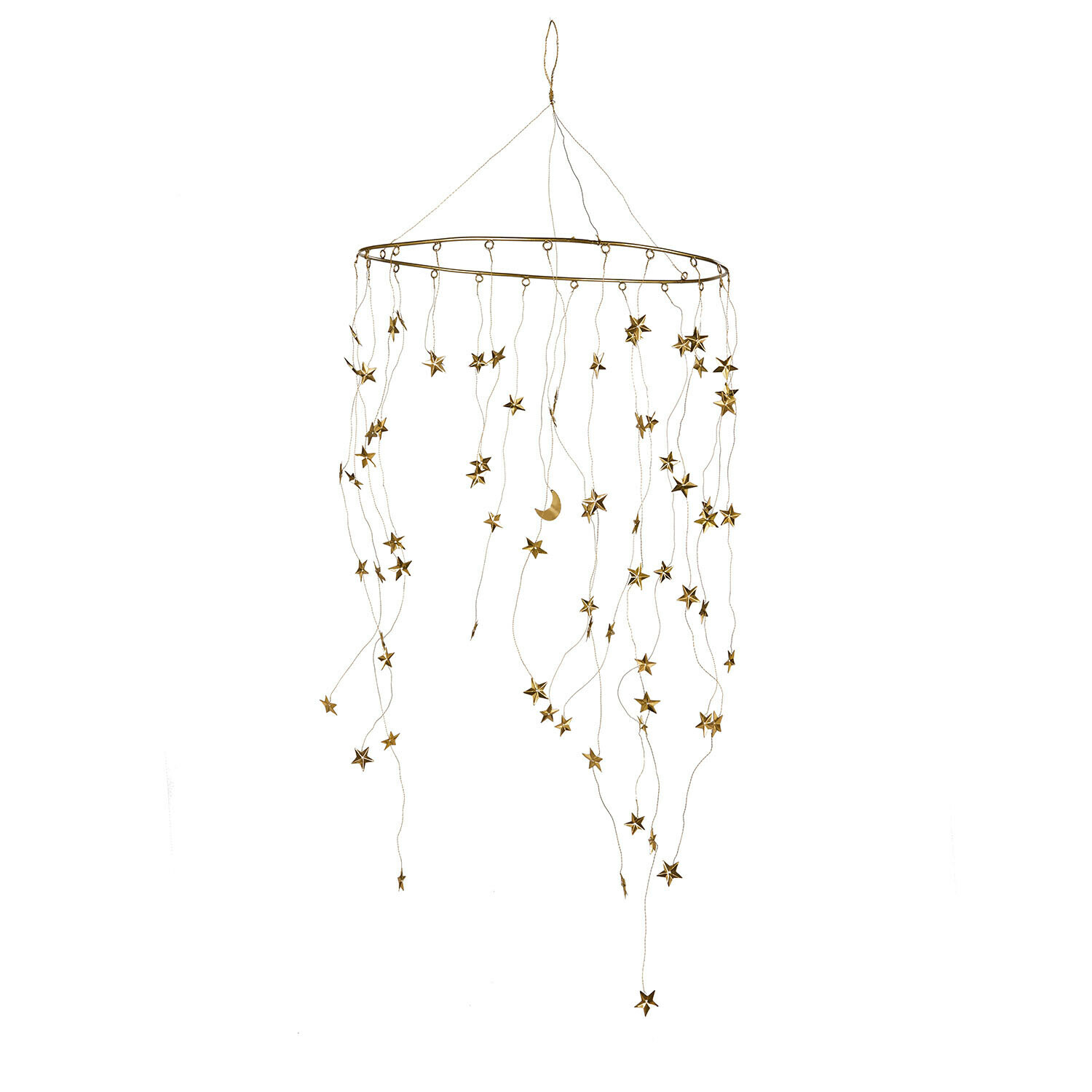 Dekorativer Hängemobile aus Metall mit goldfarbenen Sternen und Mond, zarte Wohnraumdekoration