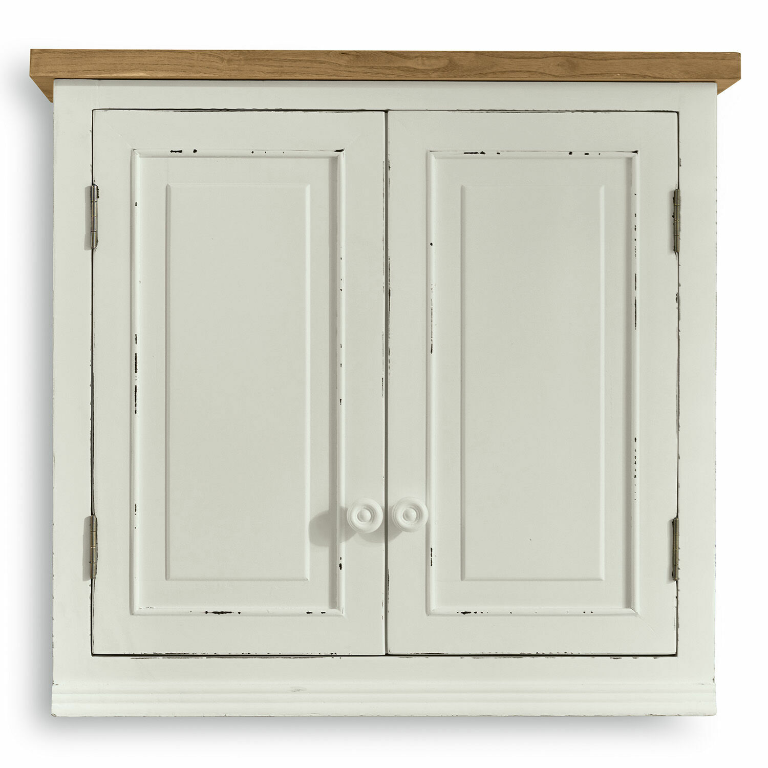 Weiße Holz-Wandschrank mit Eichenplatte und zwei Türen, Vintage-Stil, Aufbewahrungsmöbel