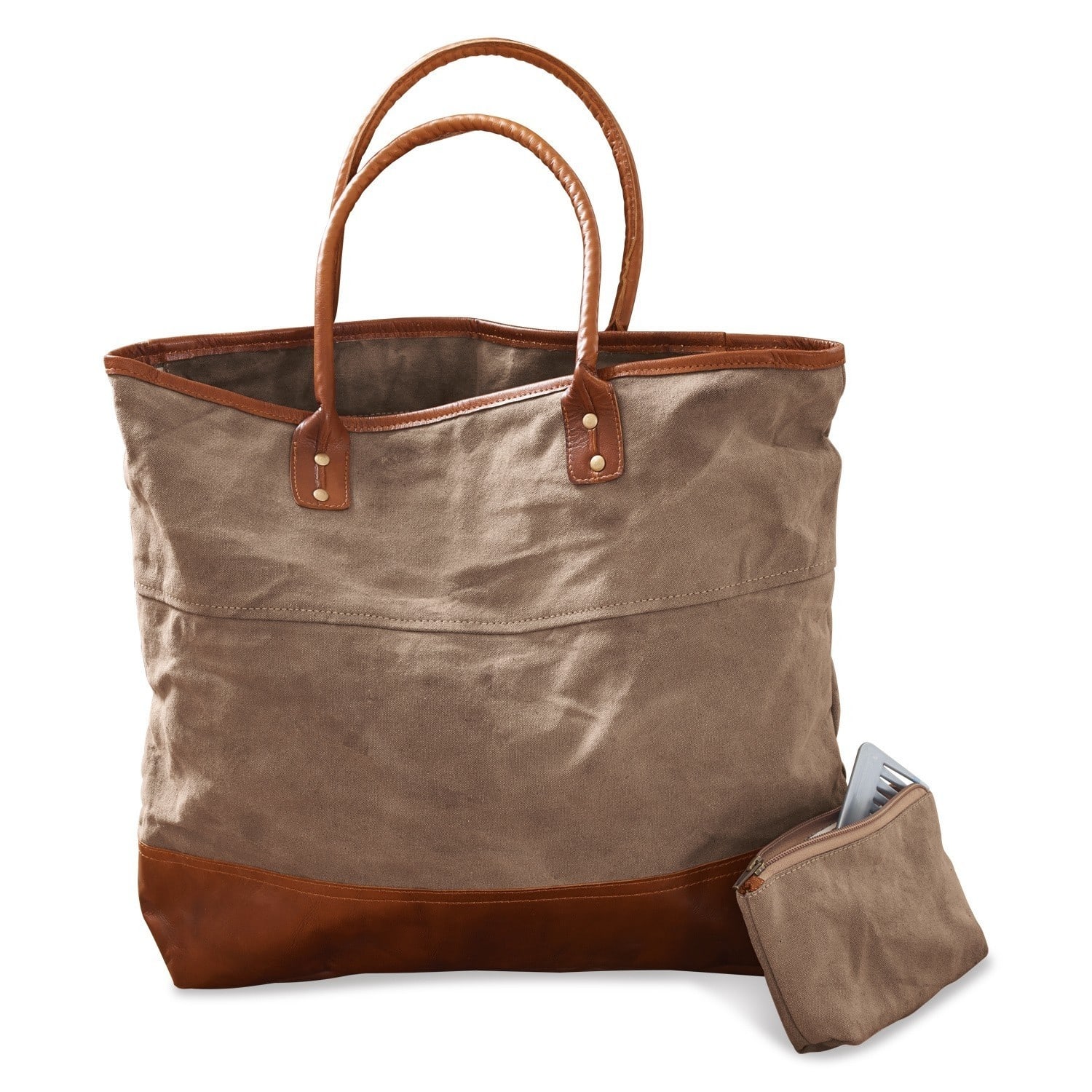 Shopper-Tasche aus beigem Canvas mit braunem Lederboden und Griffen, praktische Einkaufstasche