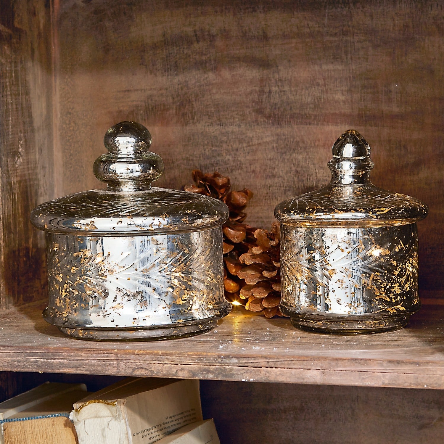 Glasdose 2er Set Elexa Zwei Glasbehälter mit Deckeln und goldenen Verzierungen auf Holzregal mit Kiefernzapfen