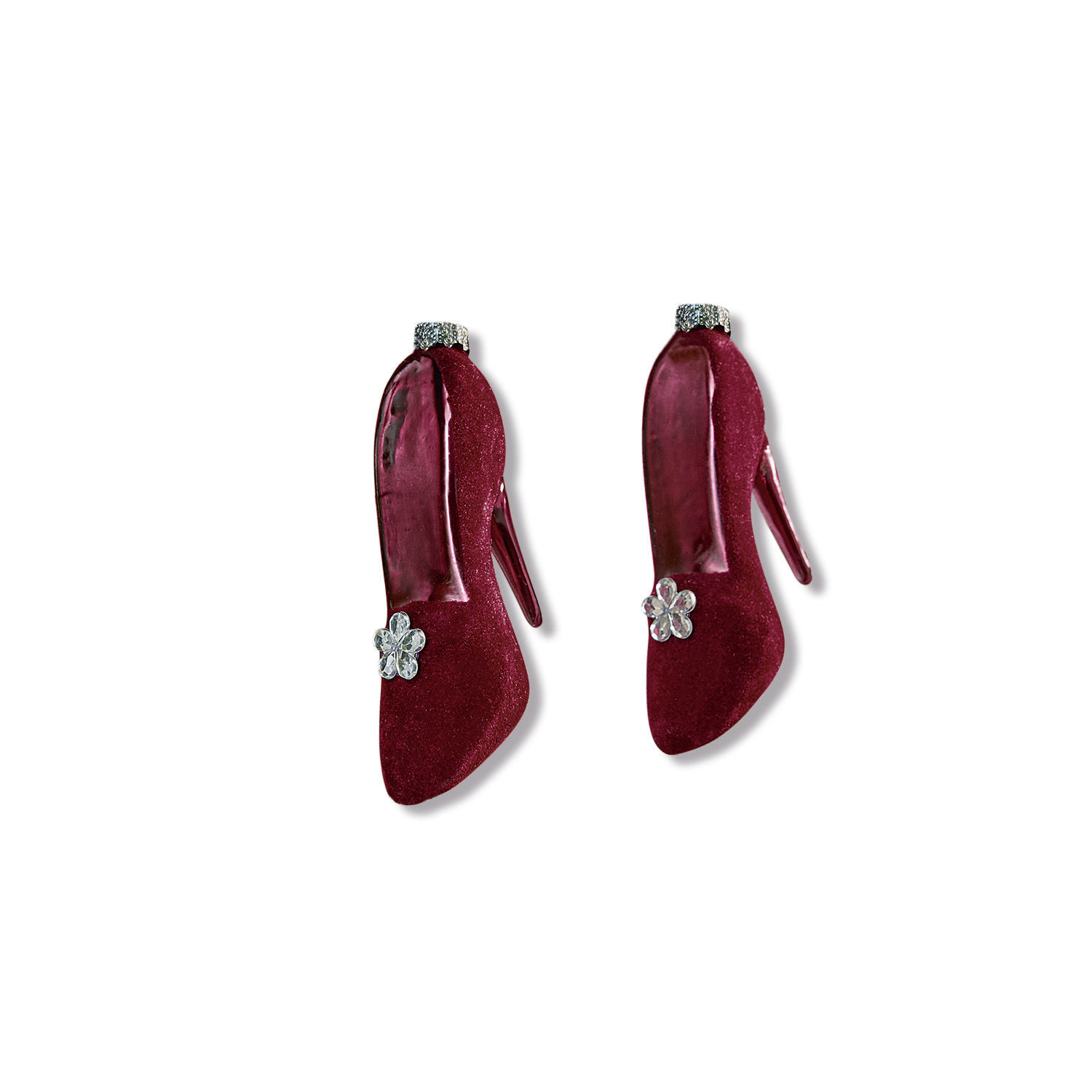 Bordeauxfarbene dekorative High Heels mit Glitzer und Kristallblume, elegante Weihnachtsdekoration