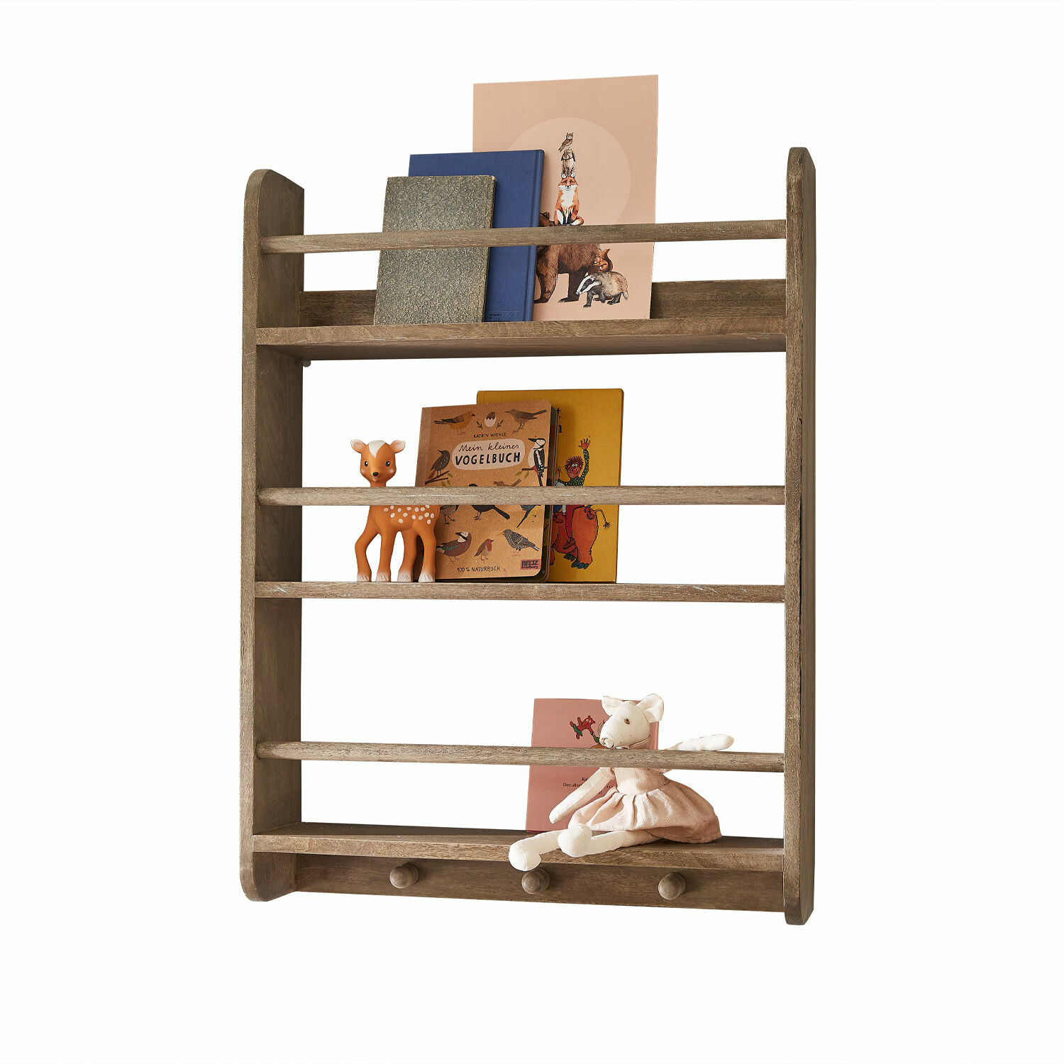 Wandregal Quenby Wandregal aus Holz in Naturfarbe mit Büchern und Spielzeug, praktischer Stauraum für Kinderzimmer