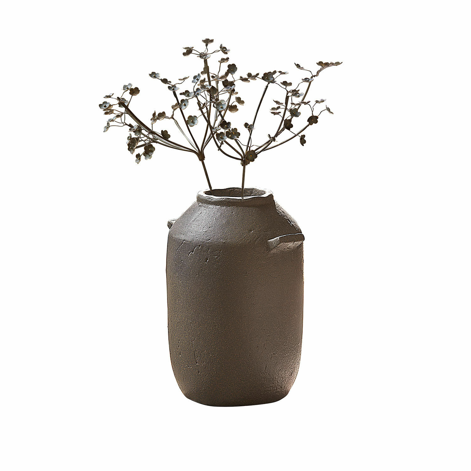 Vase Duvelle Braune Keramikvase mit dekorativen Metallblumen, rustikaler Stil für Wohnraumdekoration