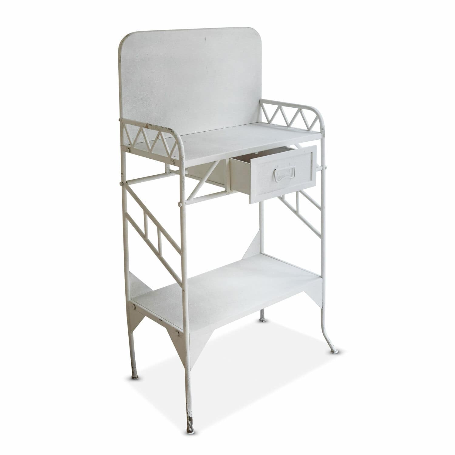 Weißer Metalltisch mit Schublade und Ablage, praktisches Vintage-Aufbewahrungsmöbel