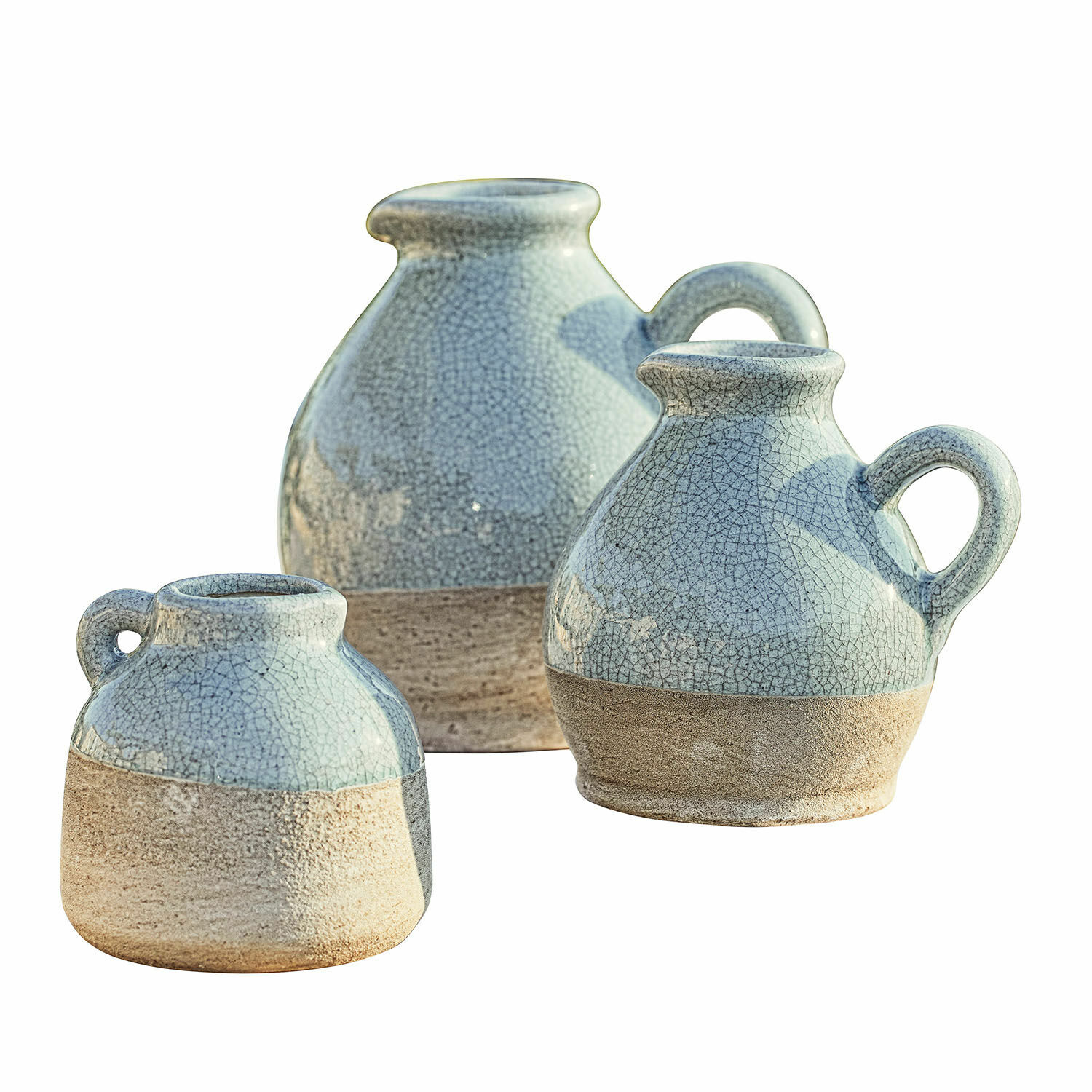 Vase 3er Set Lezíria Set aus drei Keramikvasen in Blau-Beige mit Craquelé-Effekt, stilvolle Wohnraumdekoration