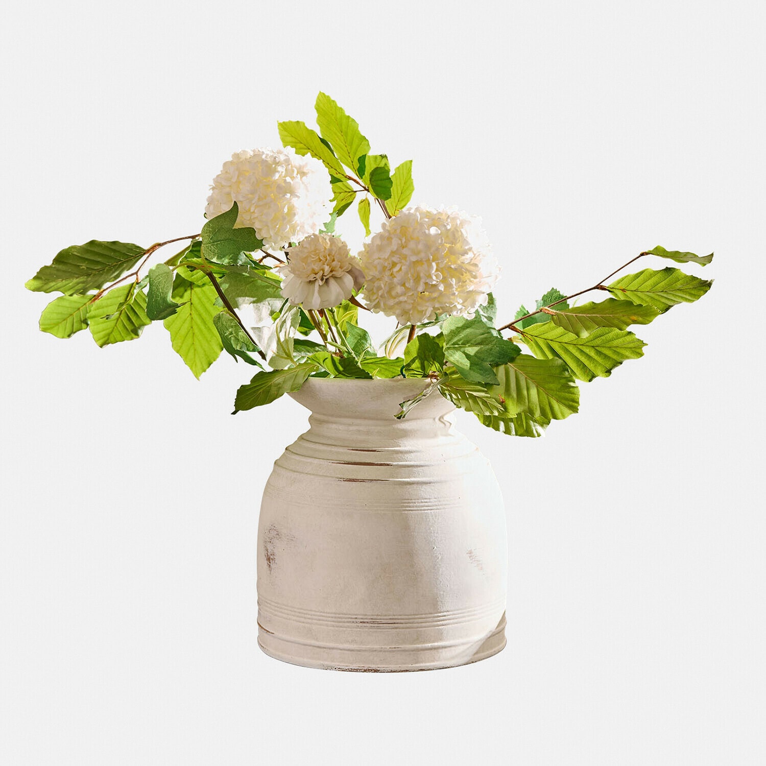 Vase Niverana Weiße Keramikvase mit grünen Blättern und weißen Dekoblumen für Wohnräume