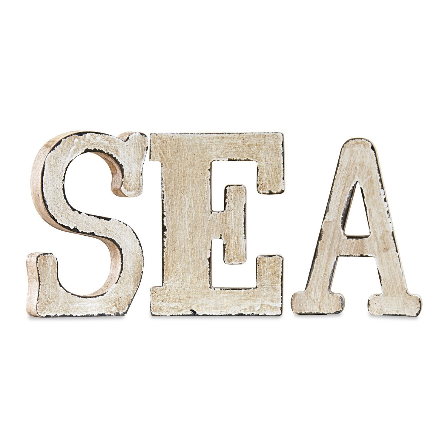 Dekorative Holzbuchstaben SEA in weißem Used-Look zur Wohnraumgestaltung