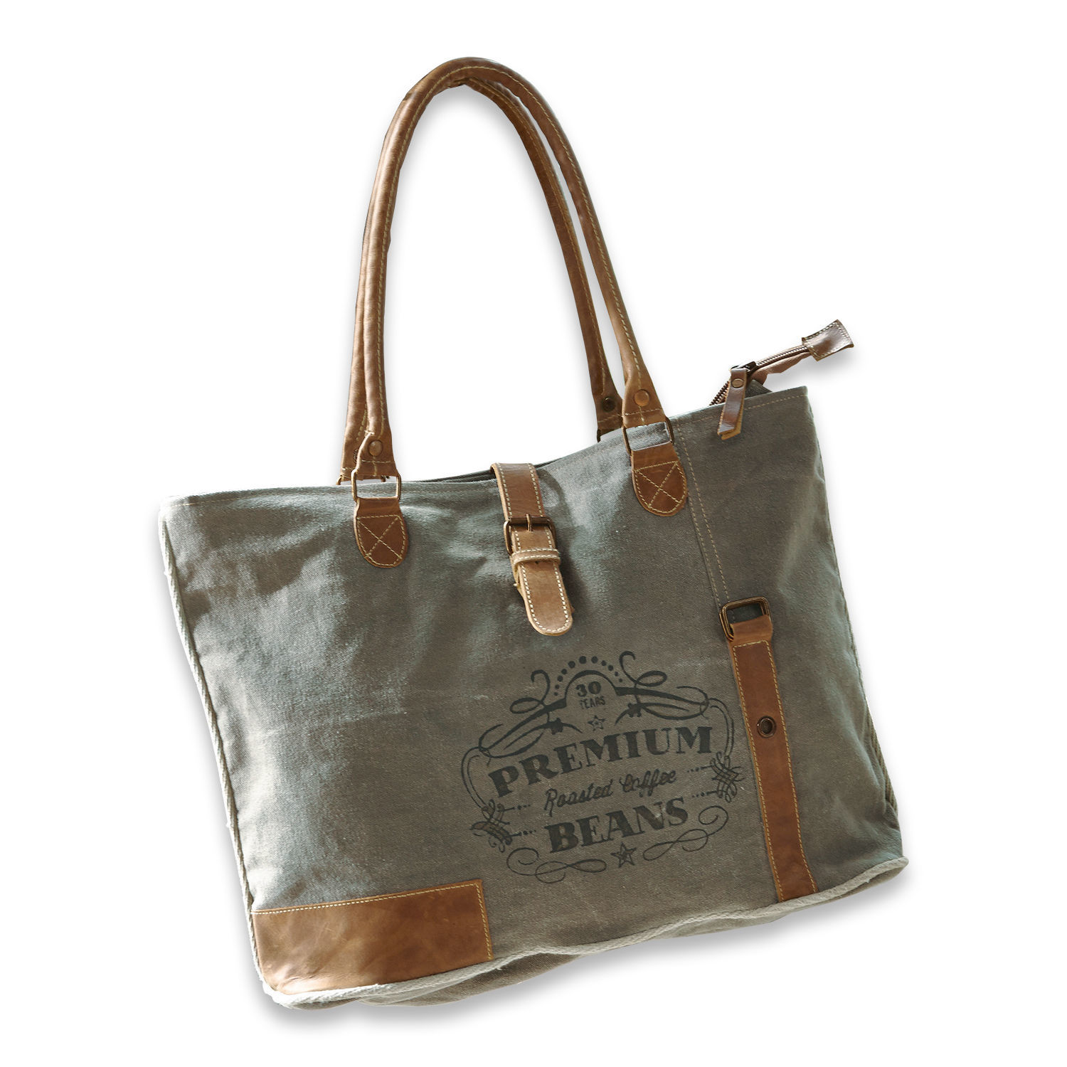 Tasche Staci Graue Stofftasche mit braunen Ledergriffen und Aufdruck Premium Coffee Beans