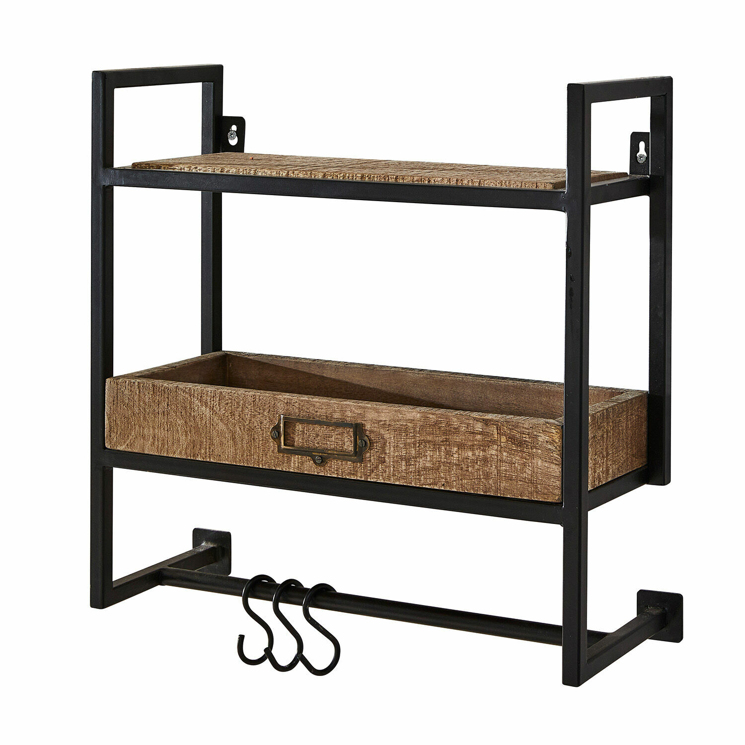Wandregal Taylors Island Schwarzes Metall-Wandregal mit Holzablage und Haken zum Aufhängen von Accessoires