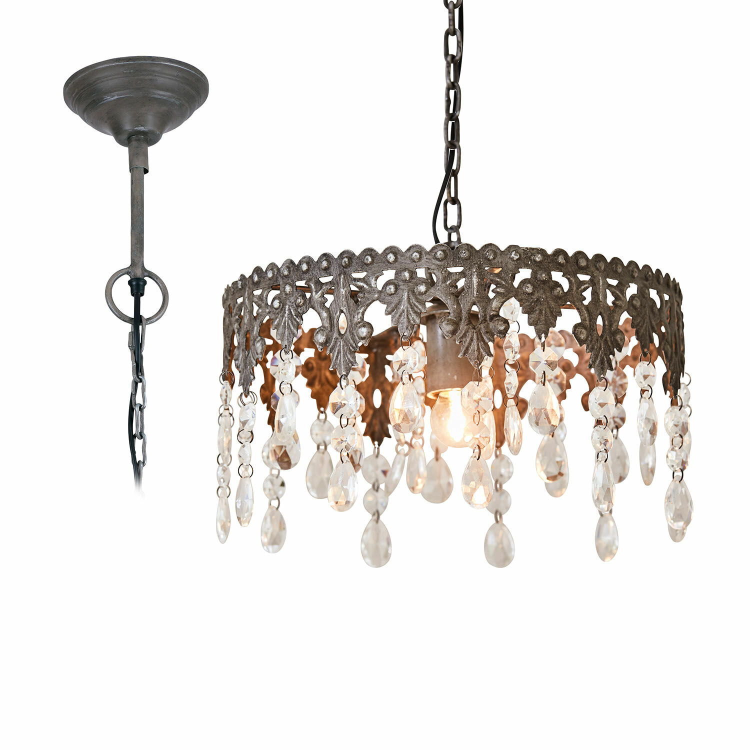 Hängelampe Escoire Hängelampe aus Metall mit Patina und dekorativen Kristalltropfen im Vintage-Stil