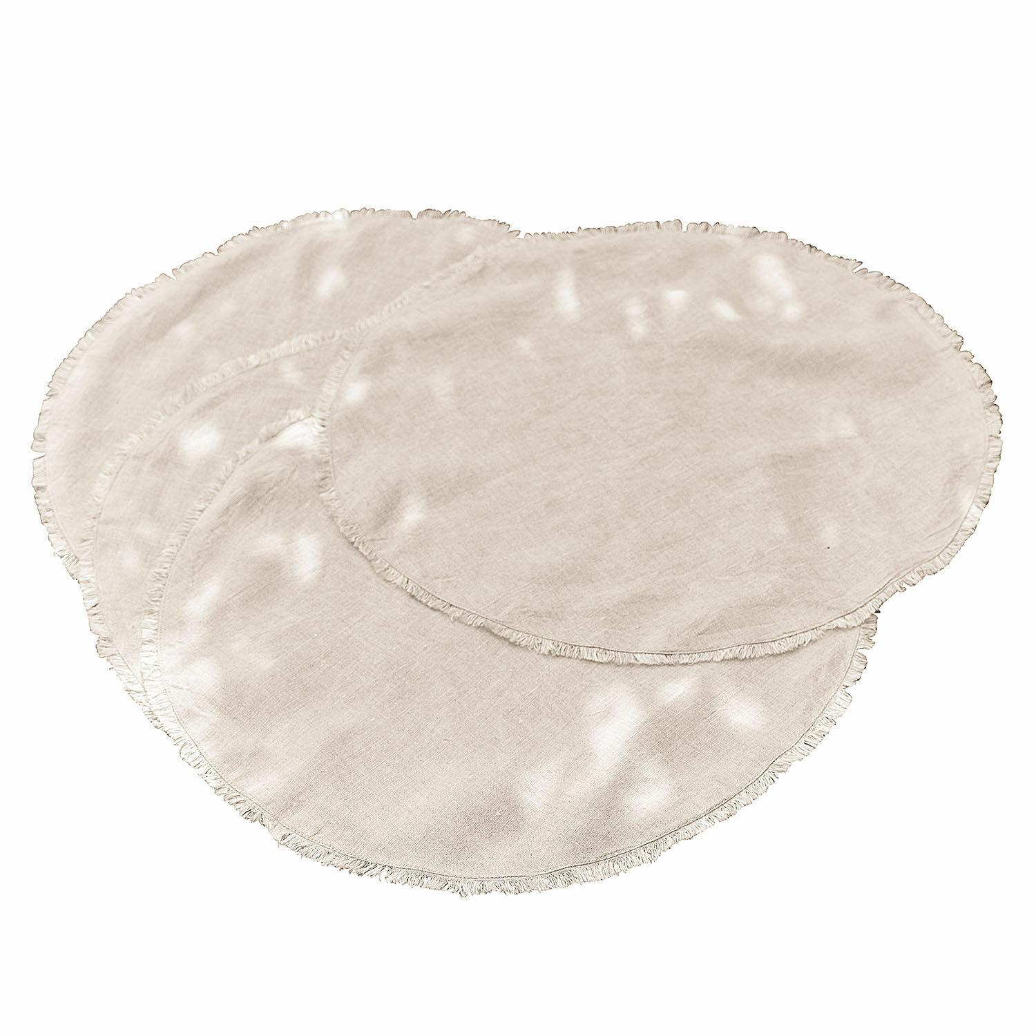 Set aus drei runden Leinen-Untersetzern in Creme mit Fransen, stilvolle Tischdekoration