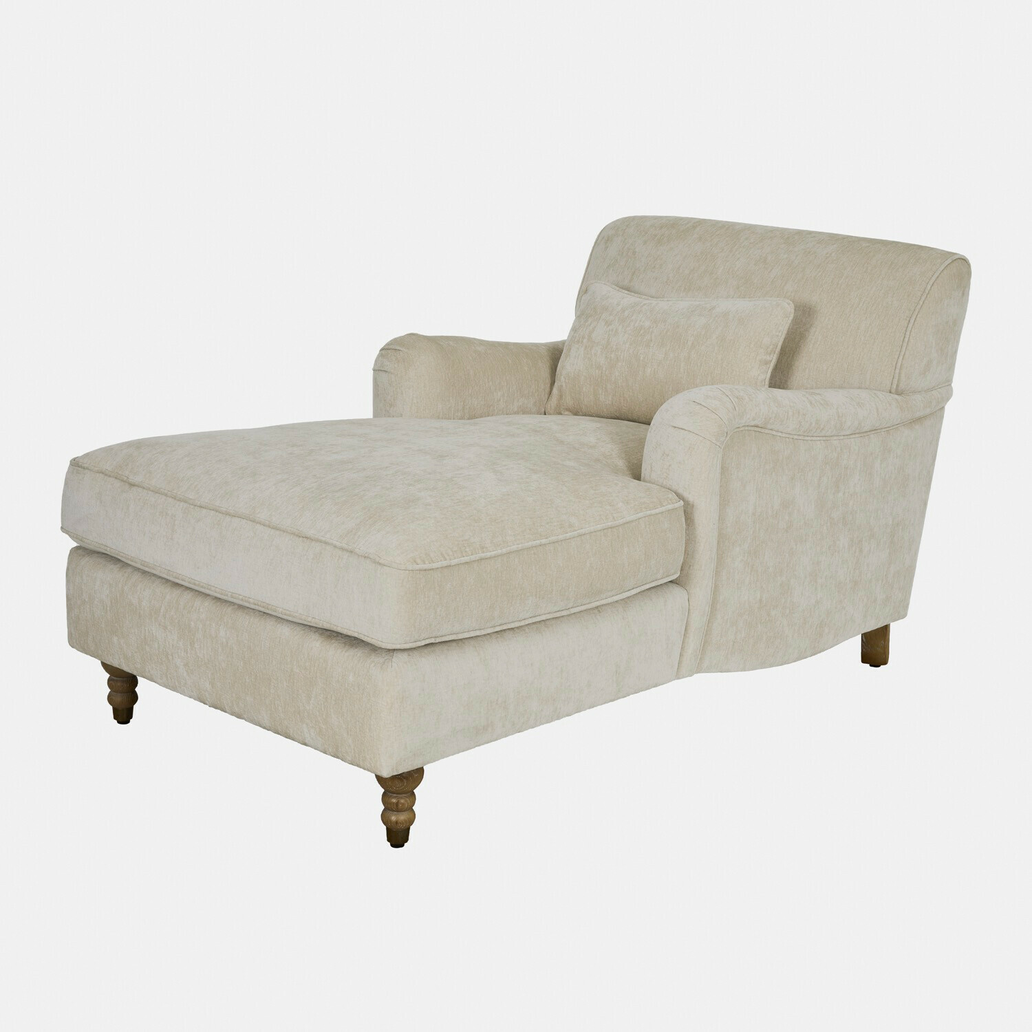 Beige Chaiselongue aus weichem Stoff mit Holzbeinen und Lesekissen für Komfort