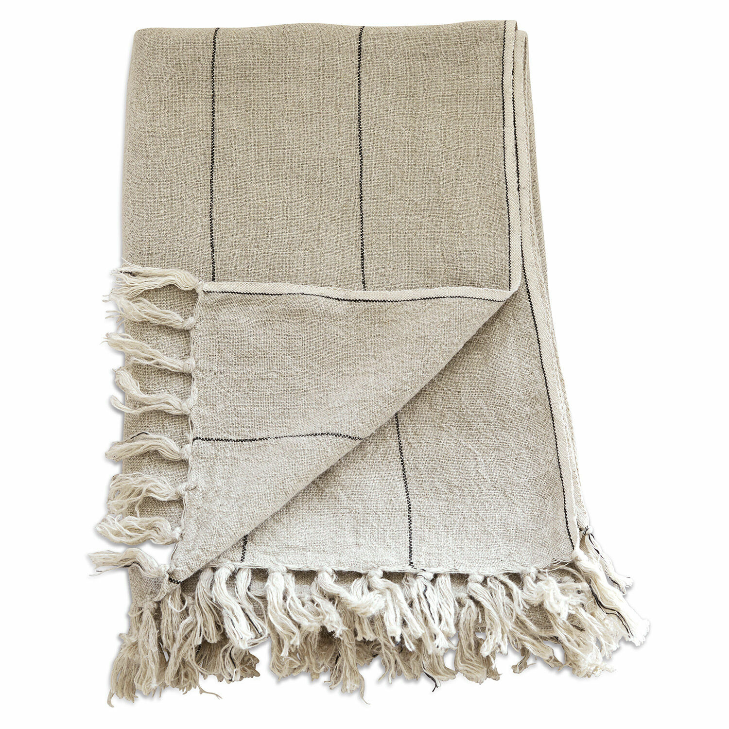 Beige Leinenplaid mit schwarzen Streifen und Fransen, weiche Wohndecke für Wohnzimmer