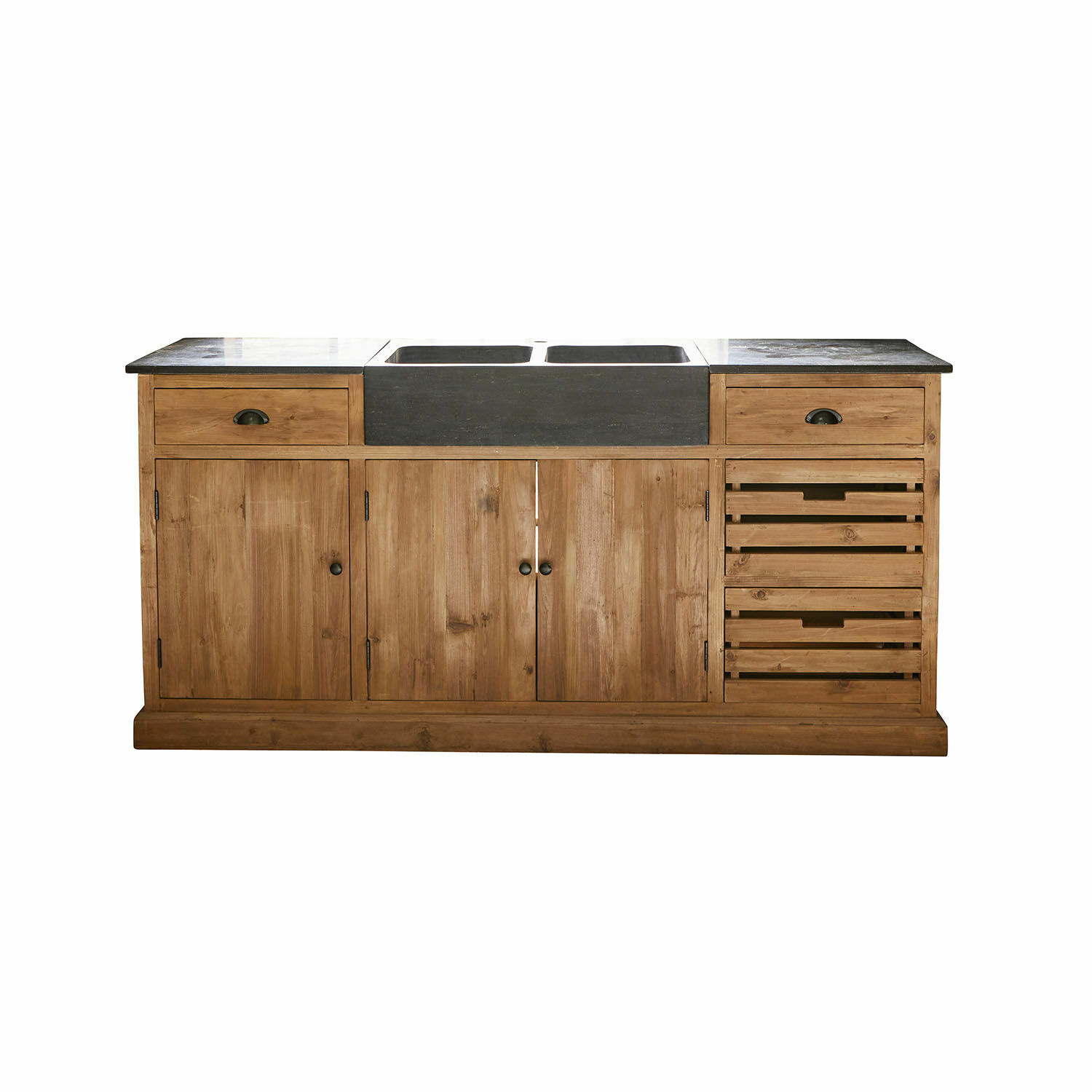 Küchenschrank aus Holz mit schwarzer Steinplatte und Doppelspüle, praktische Schubladen und Türen