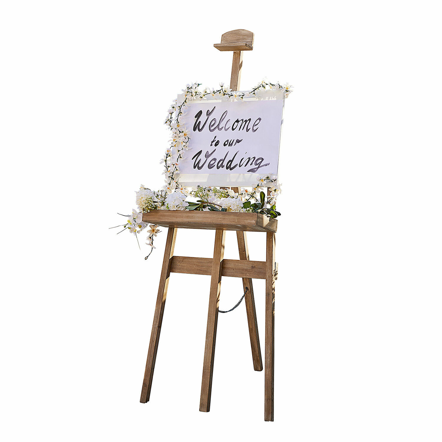 Staffelei Handan Holzstaffelei mit weißem Willkommensschild und Blumen für Hochzeit dekoriert