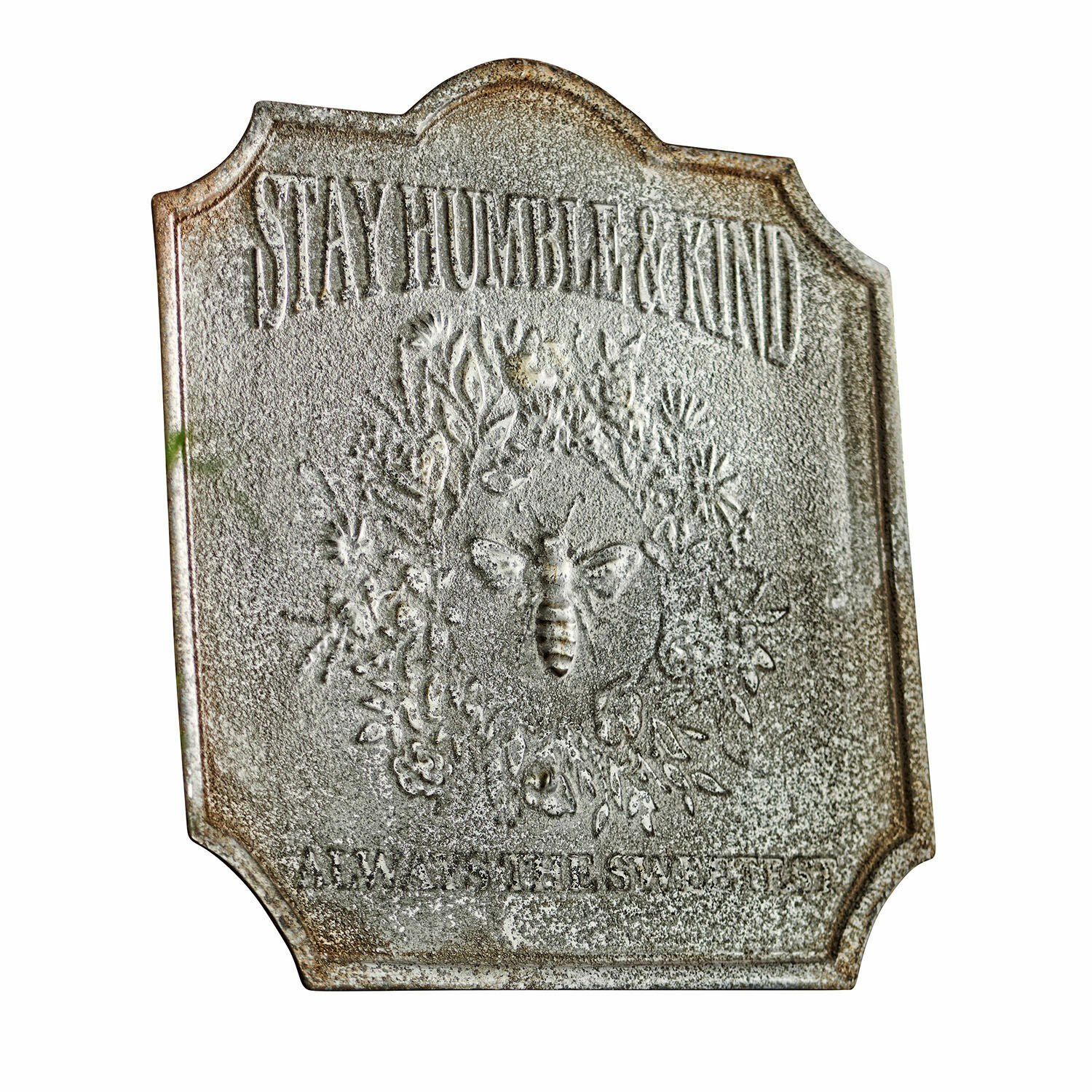 Deko-Schild Humble Metall-Dekotafel in Grau mit Schriftzug Stay Humble & Kind und Bienenmotiv in Relief